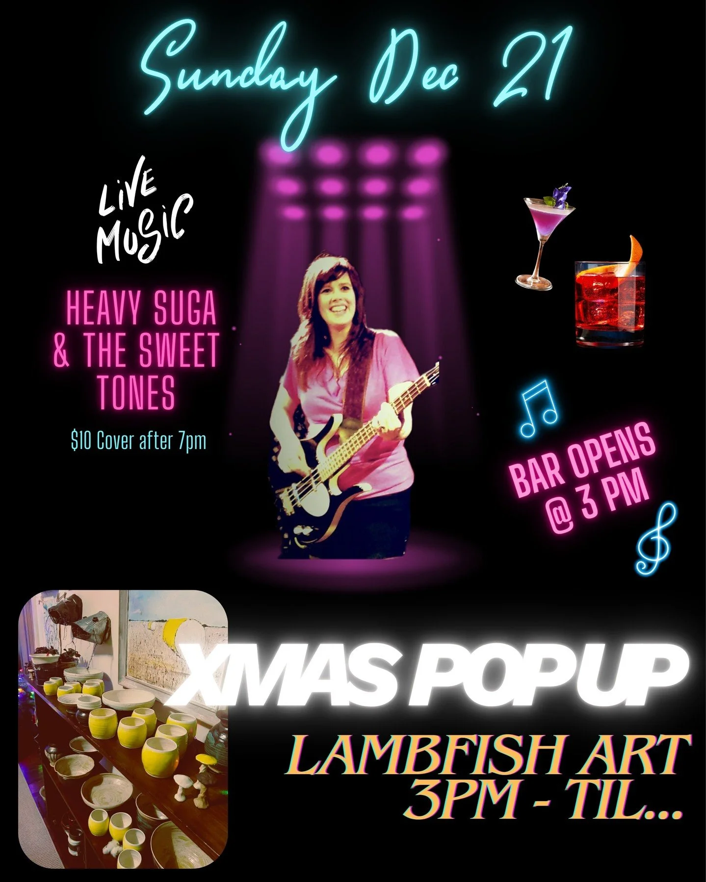 Sunday Night Dec 21. Bar Opens at 3. Xmas Pop Up by Joey Young starts at 3. Get your last minute Christmas Pottery Gifts! Music at 7. Heather Crosse / Heavy Suga and the Sweet Tones. #visitclarksdale