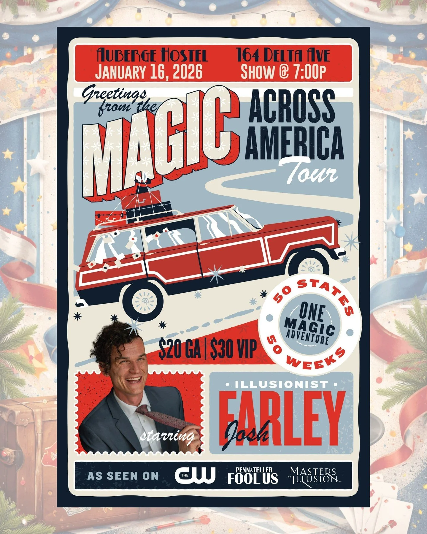 50 States. 50 Weeks. One Magician.
Magic Across America Tour Comes to Clarksdale, MS

Clarksdale, MS &mdash; Award-winning illusionist Josh Farley is bringing his ambitious national project, the Magic Across America Tour, to Clarksdale for one night 