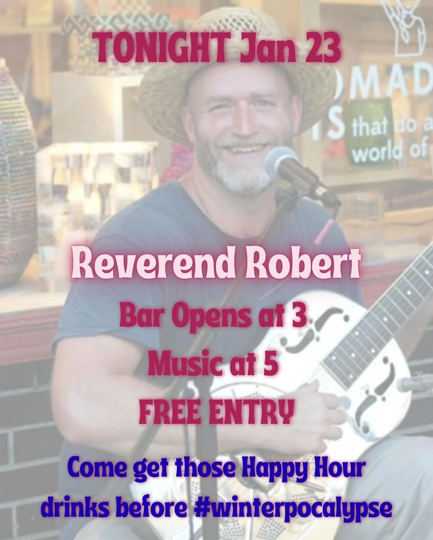 Tonight.  Bar Opens at 3.  Music at 5.  FREE Entry.  Come get a drink before the #winterpocalypse #visitclarksdale