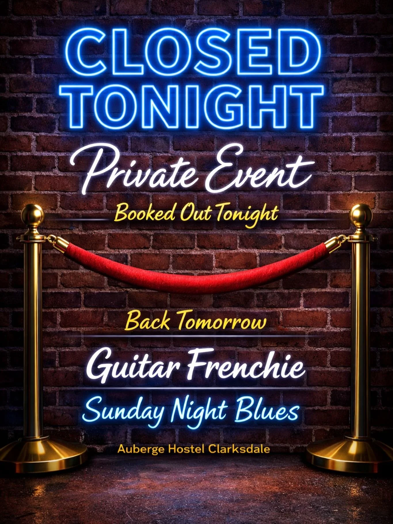 Sorry everybody but we&rsquo;re closed tonight for a private event.  But don&rsquo;t fret we will be back tomorrow as regularly scheduled on Sunday nights keeping the blues alive in downtown Clarksdale.  We&rsquo;ve got Guitar Frenchie at 7 tomorrow.