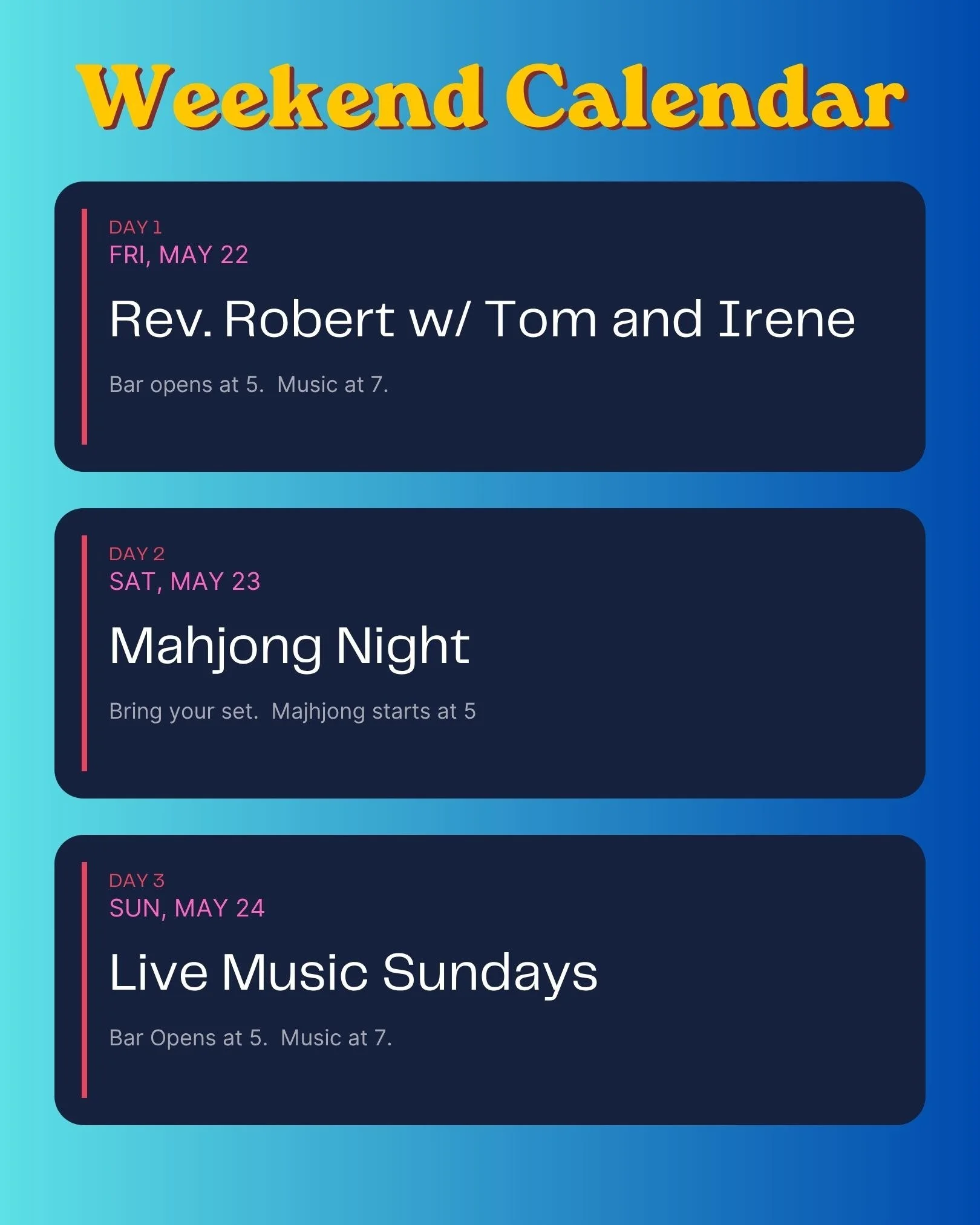 Weve got a full lineup this weekend starting on Friday. Saturday DONT MISS our #Mahjong party. Bring your set. Sunday keeps the live blues rolling 365 in Clarksdale. #visitclarksdale