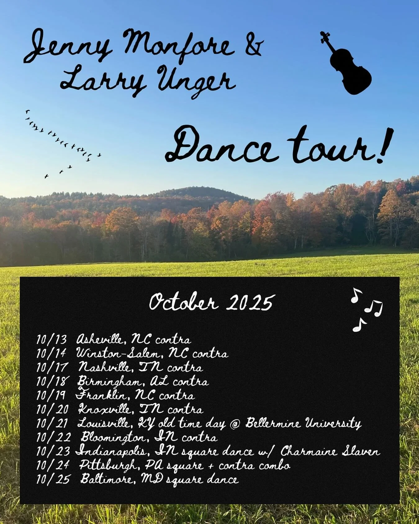 I&rsquo;m playing a 2-week dance tour with @larrybanjo this month! 🎻

Contras + squares down south and up the east coast.  This will be the longest tour I&rsquo;ve done!

Excited to play with Larry and different friends along the way! 🪕
