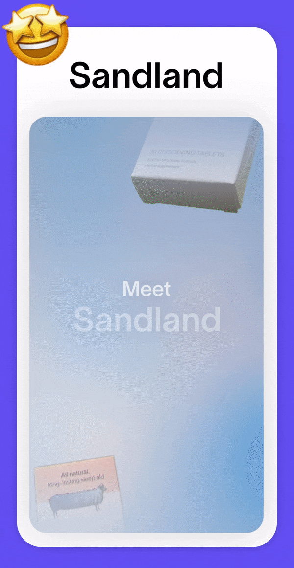 Screen displaying a product called Sandland with the slogan "Meet Sandland" and an image of a box of dissolving tablets. There is a small card at the bottom left that says "All natural, long-lasting sleeps aid" with an illustration of a sheep.
