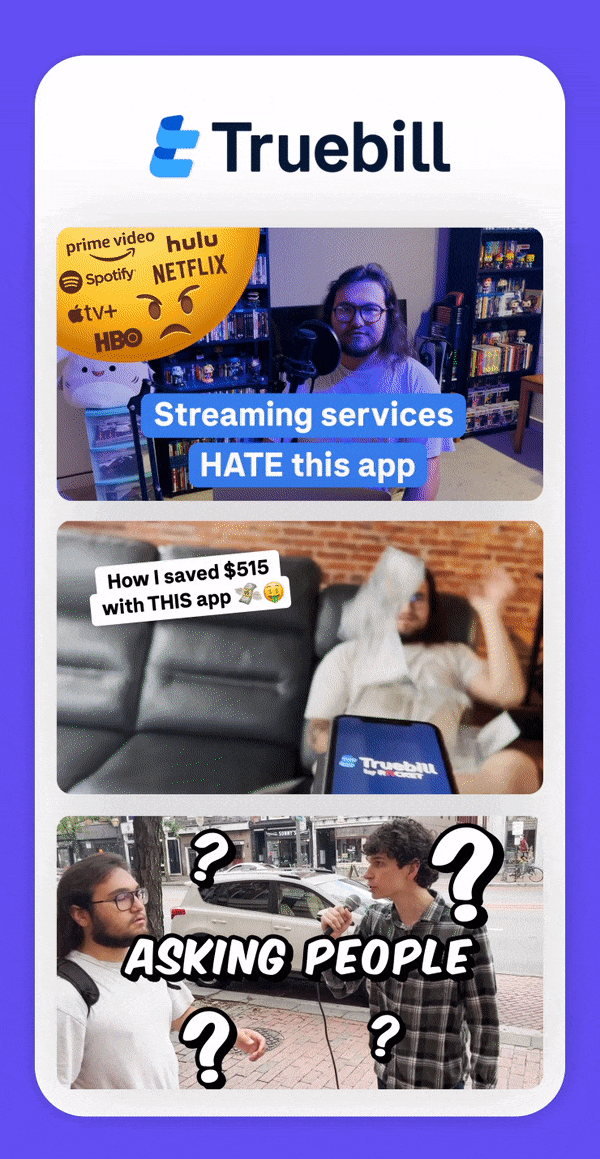 A collage with three sections promoting a streaming service app. The top section shows a person recording in a room filled with bookshelves, with a yellow banner listing entertainment platforms like Prime Video, Hulu, Netflix, Hulu, Spotify, Apple TV+, HBO, and icons with an angry face. The middle section features a person sitting on a couch, throwing a towel over their face, with a caption about saving $515 using this app and a phone displaying the app. The bottom section shows two young men outside on a sidewalk, one holding a microphone, with text asking if they are asking people questions.