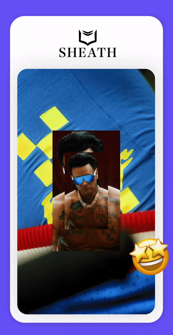 A phone screen displaying an image of a shirtless man wearing sunglasses, a chain necklace, and tattoos, with a red and blue patterned fabric background. There is also a small overlay of an icon and a smiling star emoji with sunglasses near the bottom right corner.