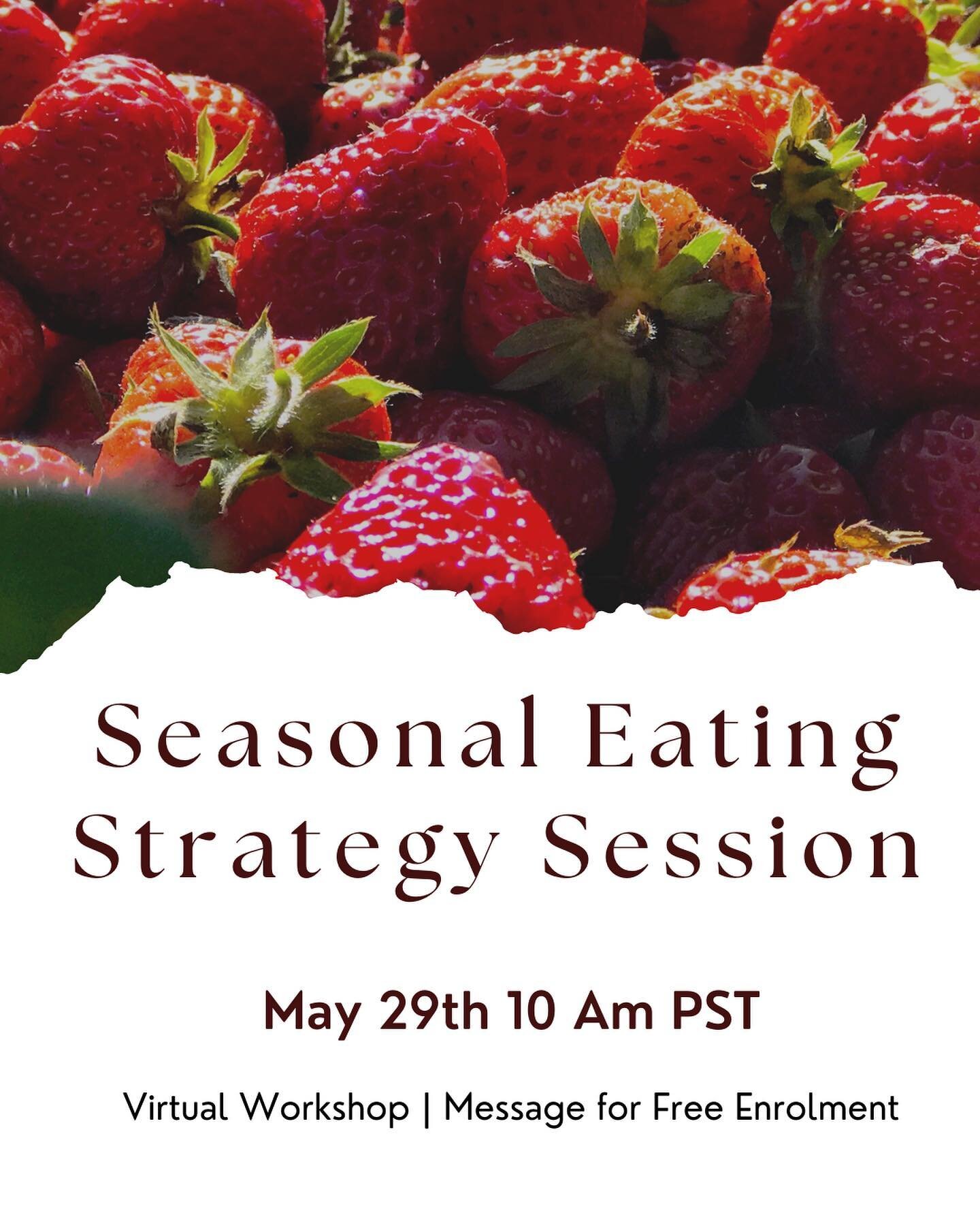 Seasonal Eating Strategy Session 

Reflect on the past month and gather renewed inspiration from the fields. Strategize and set intentions for June. 

In the coming month we transition out of spring and into the early days of summer. How might we lea