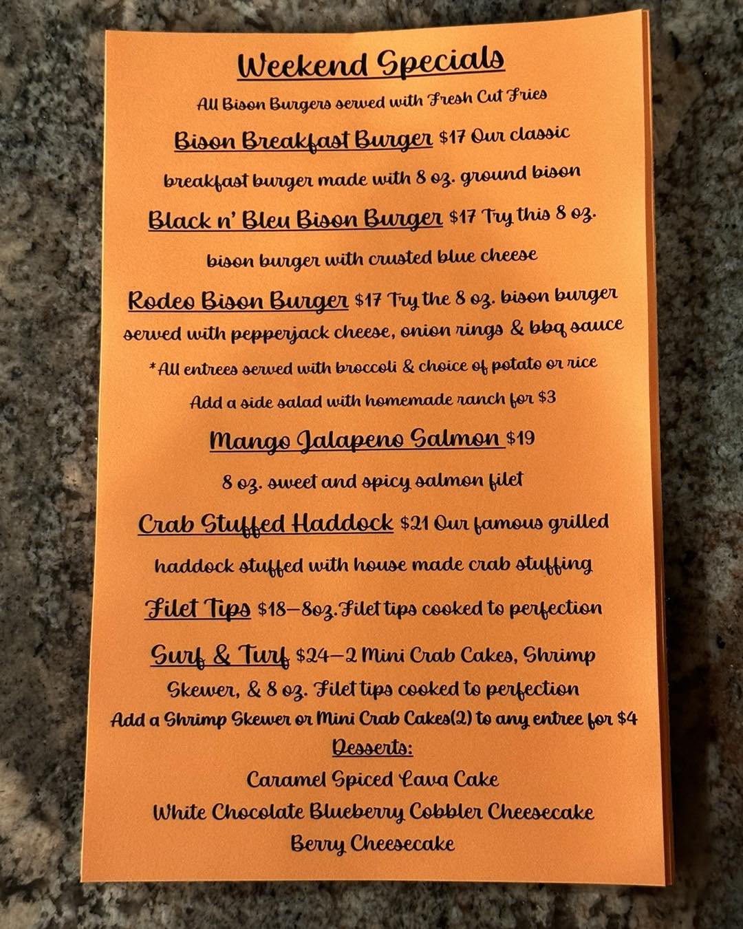 Weekend Special Menu! Who wants a Bison burger???