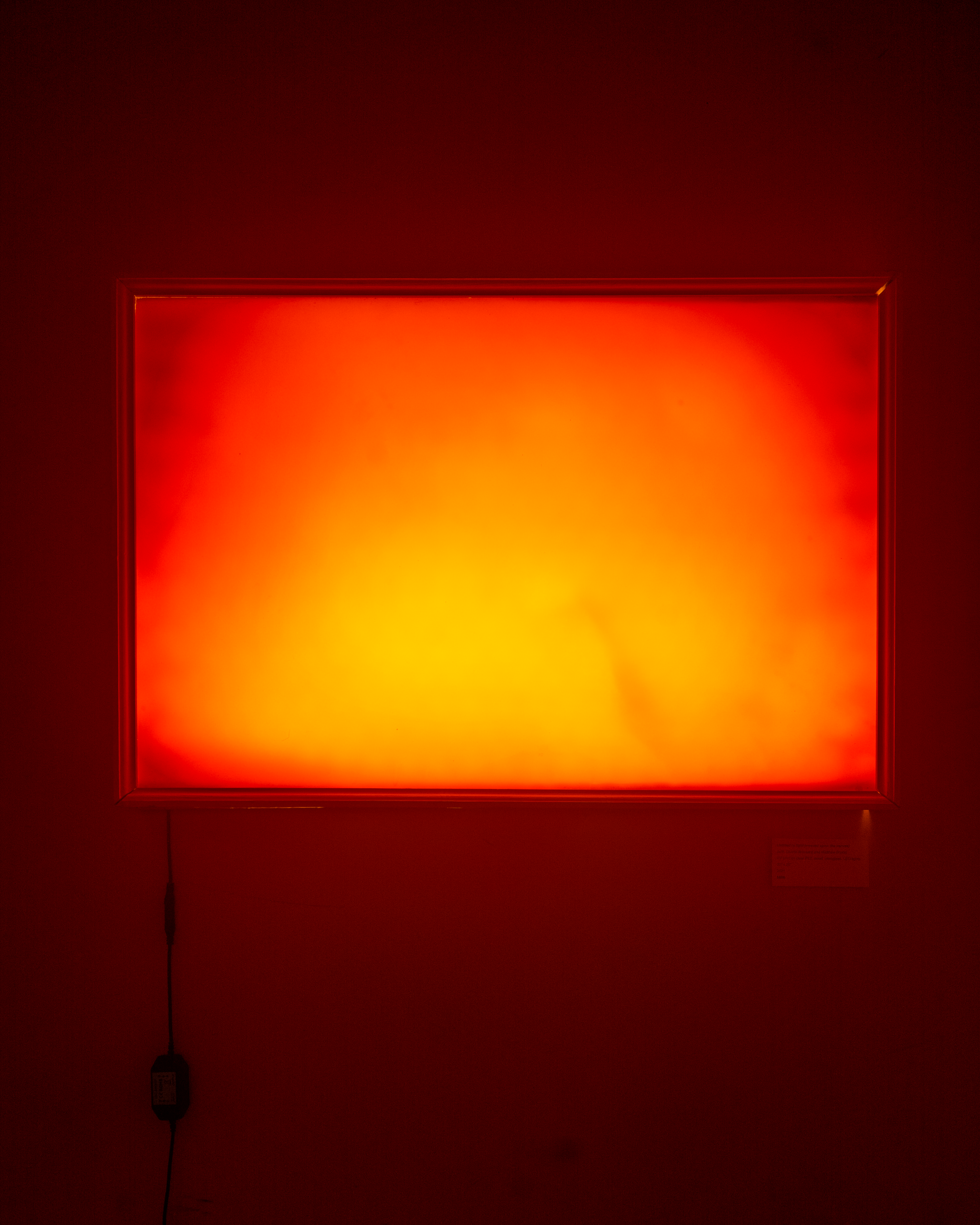 Untitled (a light pressed upon the nerves)  (with Charlie Brassard and Matthew Bruns), 2021, UV print on clear PET, wood, plexiglass, LED lights), 30" x 20" displayed at MARY, 2023.