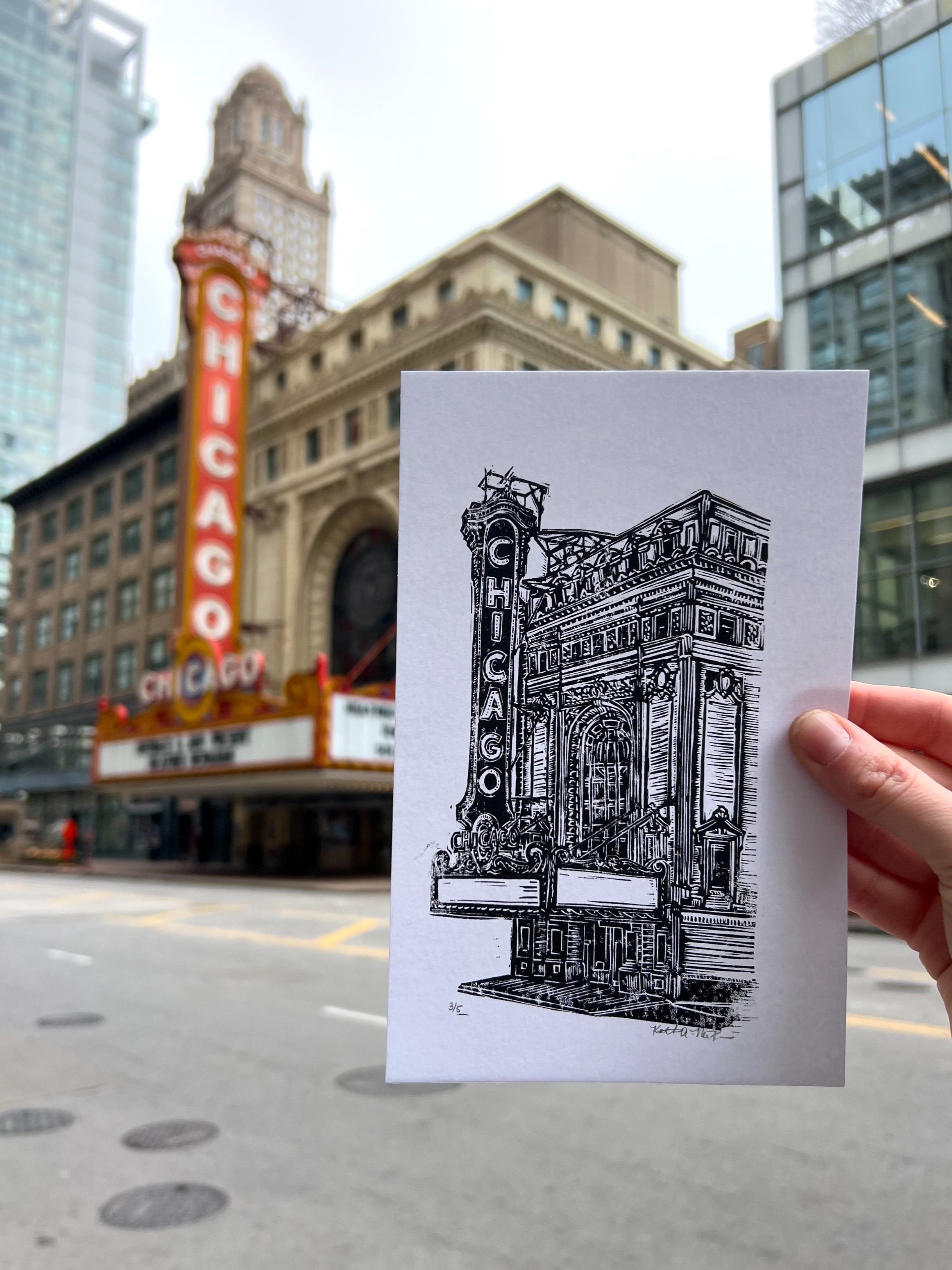Chicago Theatre Linoleum Print