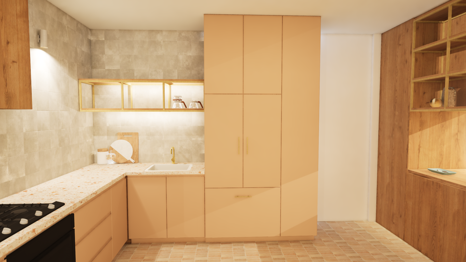Concealing the kitchen sink helps reduce the visibility of any mess. An integrated fridge is ideal for a slimline kitchen aesthetic, and the adjoining cupboard provides convenient pantry space.