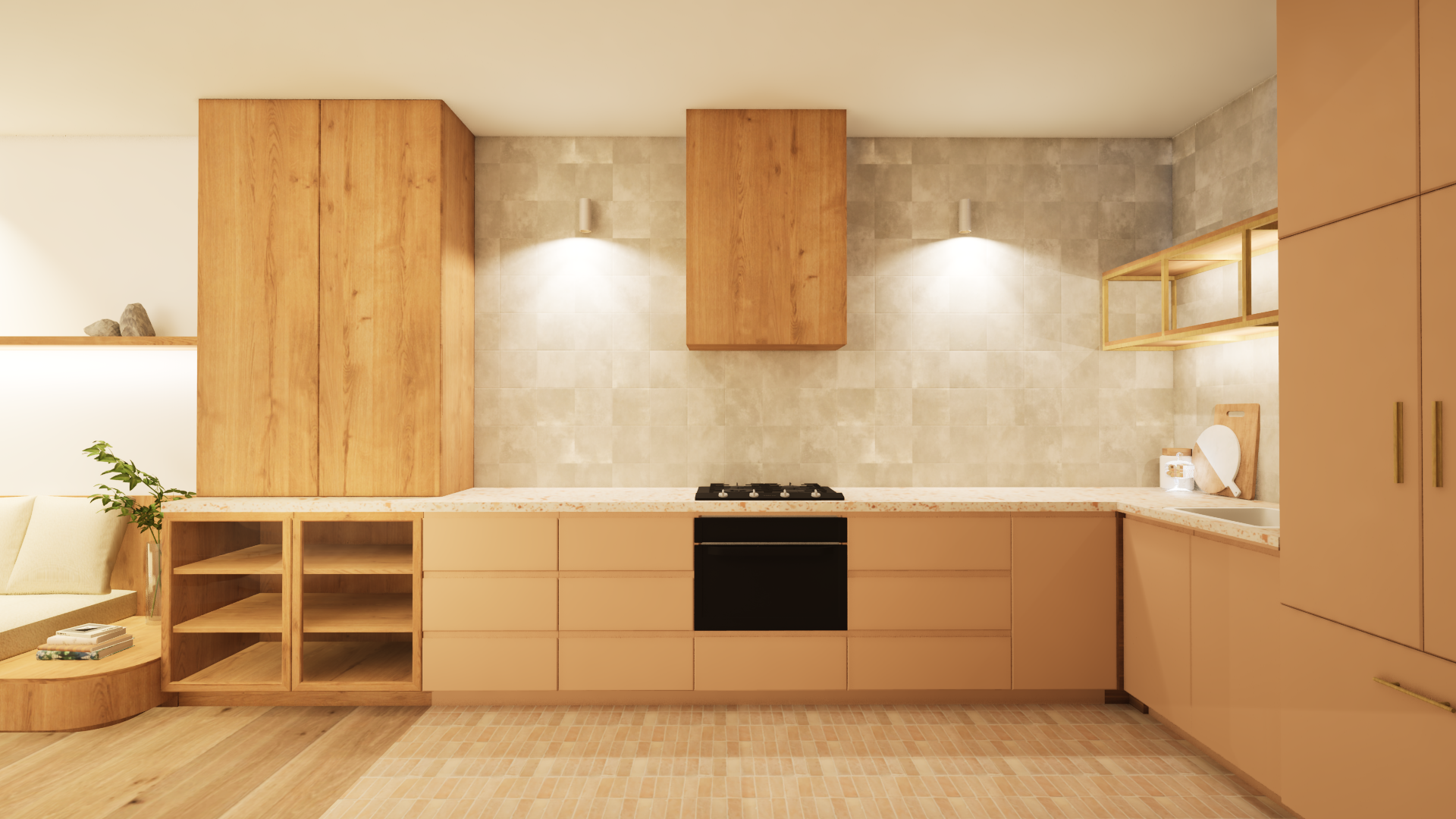The kitchen bench provides plenty of storage. The tiled wall, extending to the ceiling and without overhead cupboards, visually enlarges the space.