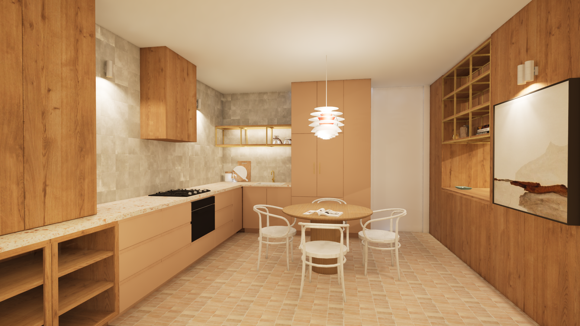 The kitchen and dining area are combined to maximise the use of this small space. The change in flooring material visually differentiates this zone from the rest of the area.