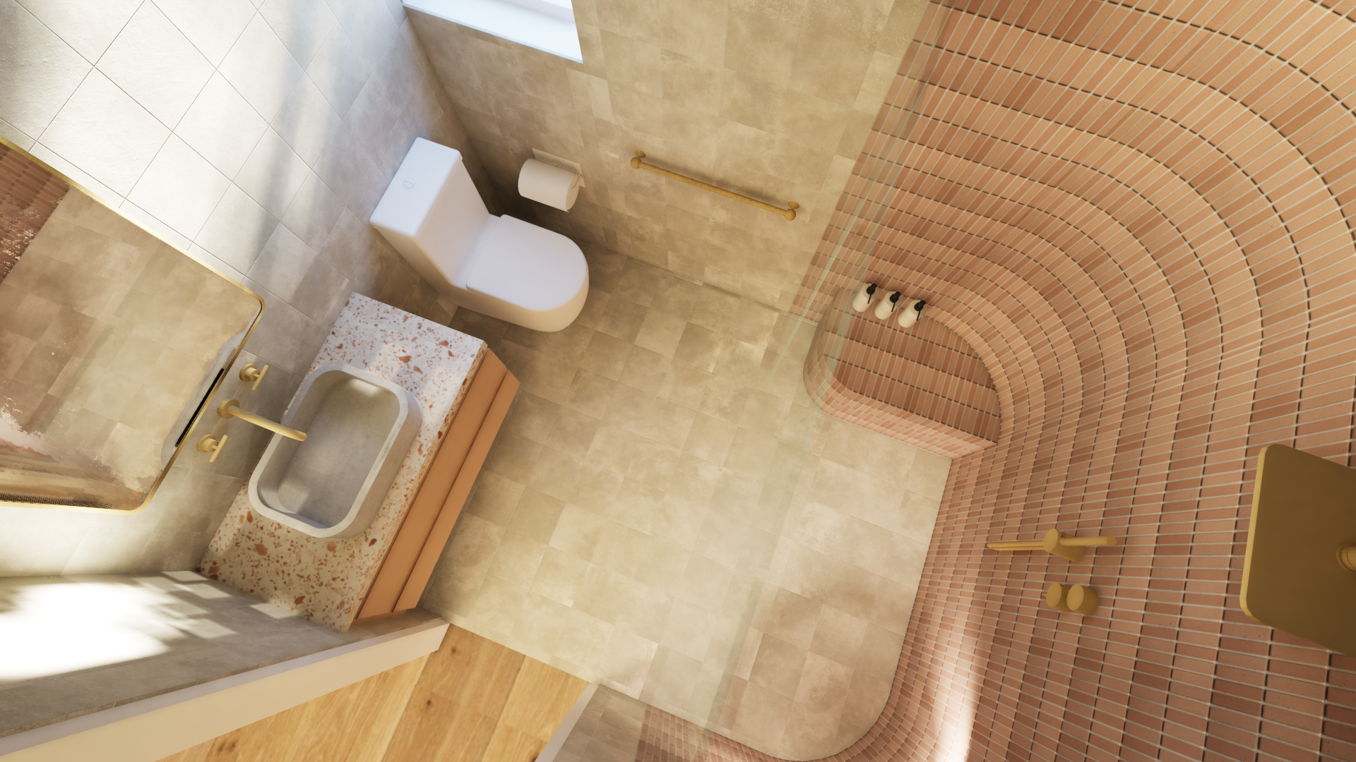 Maximise your small bathroom with a smart and stylish layout. This design efficiently places the vanity and toilet along one wall, freeing up the opposite side for a comfortable shower. Curved shower walls add a touch of unique elegance, while distin