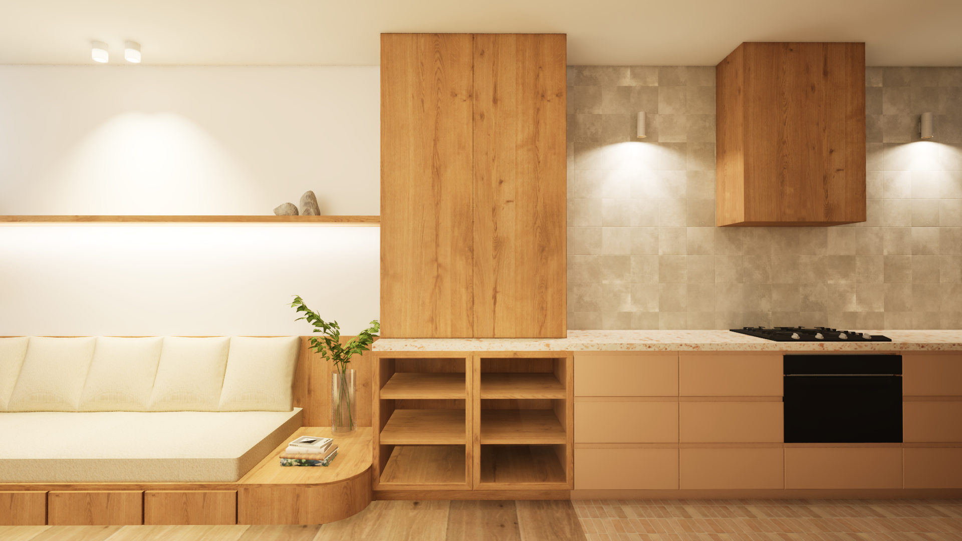 This storage unit serves as appliance storage and a coffee/bar area. The change to a timber finish on the unit and the timber flooring provide a visual transition between the kitchen and living room.