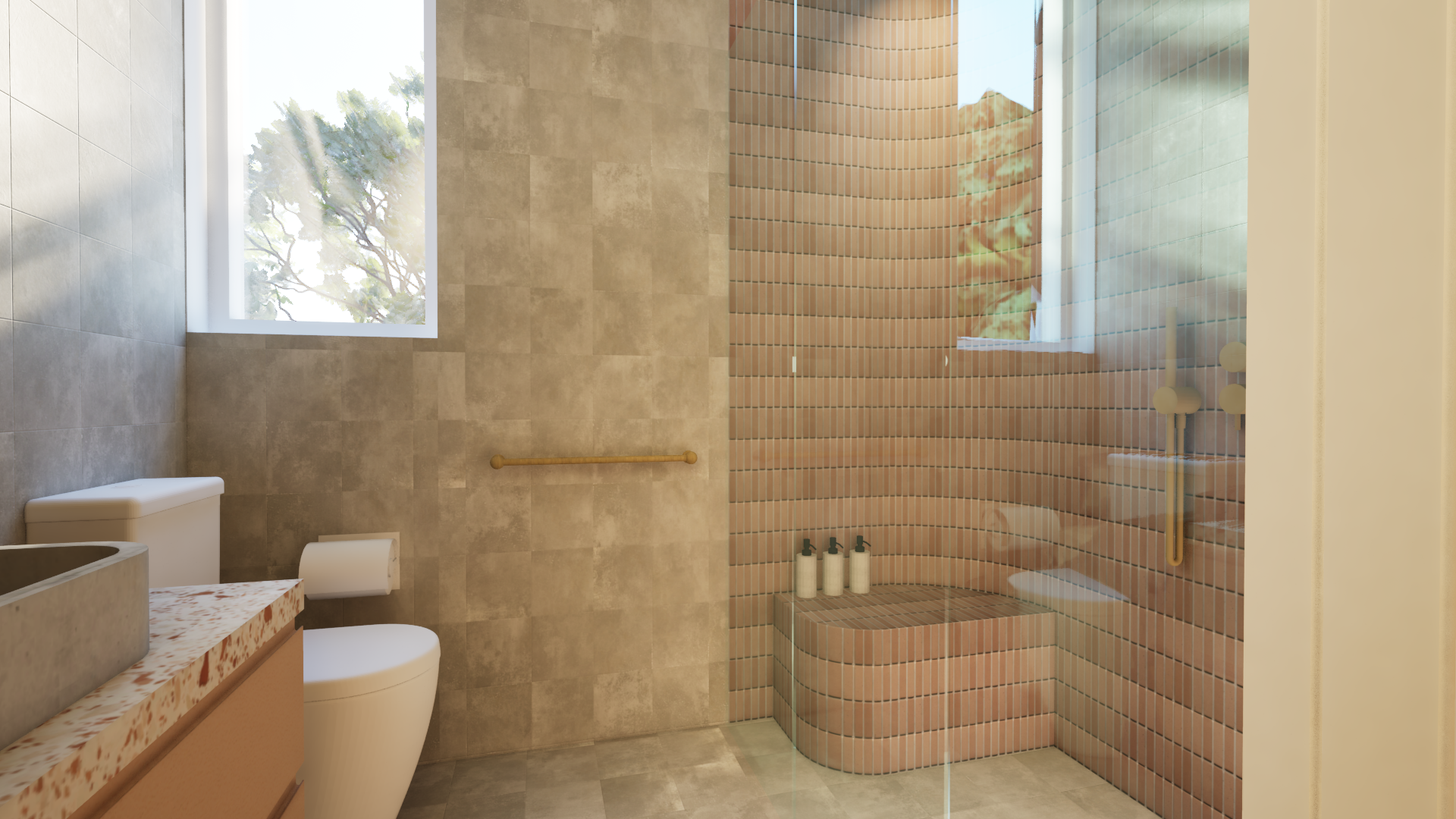 The shower, running the full length of the room, provides spacious shoulder room instead of the standard 800mm shower. A low tiled bench offers a seat and a ledge for soap dispensers.