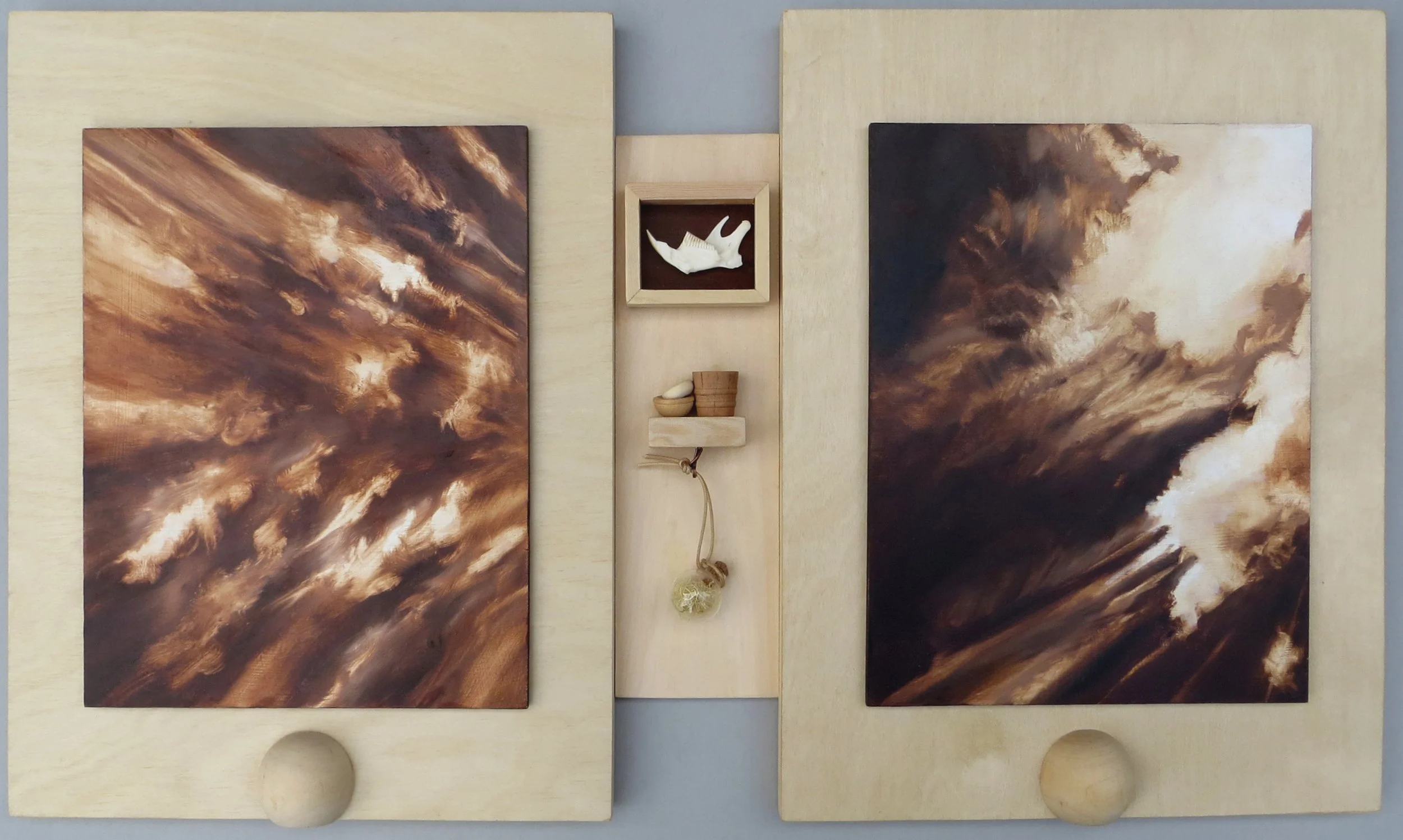 Ways of Rising Up #5,   2019 oil on panel, wood, glass, bone