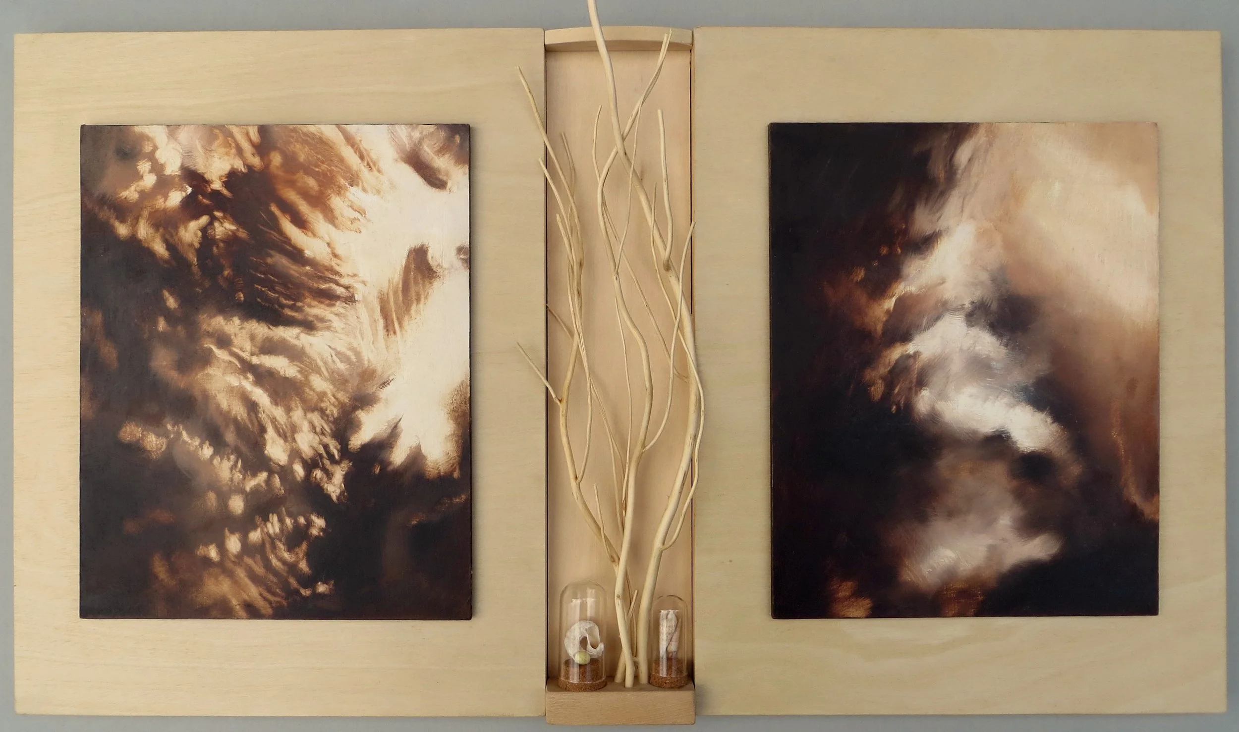 Ways of Rising Up #4,  2019,
oil on panel, glass, wood, shell, bone