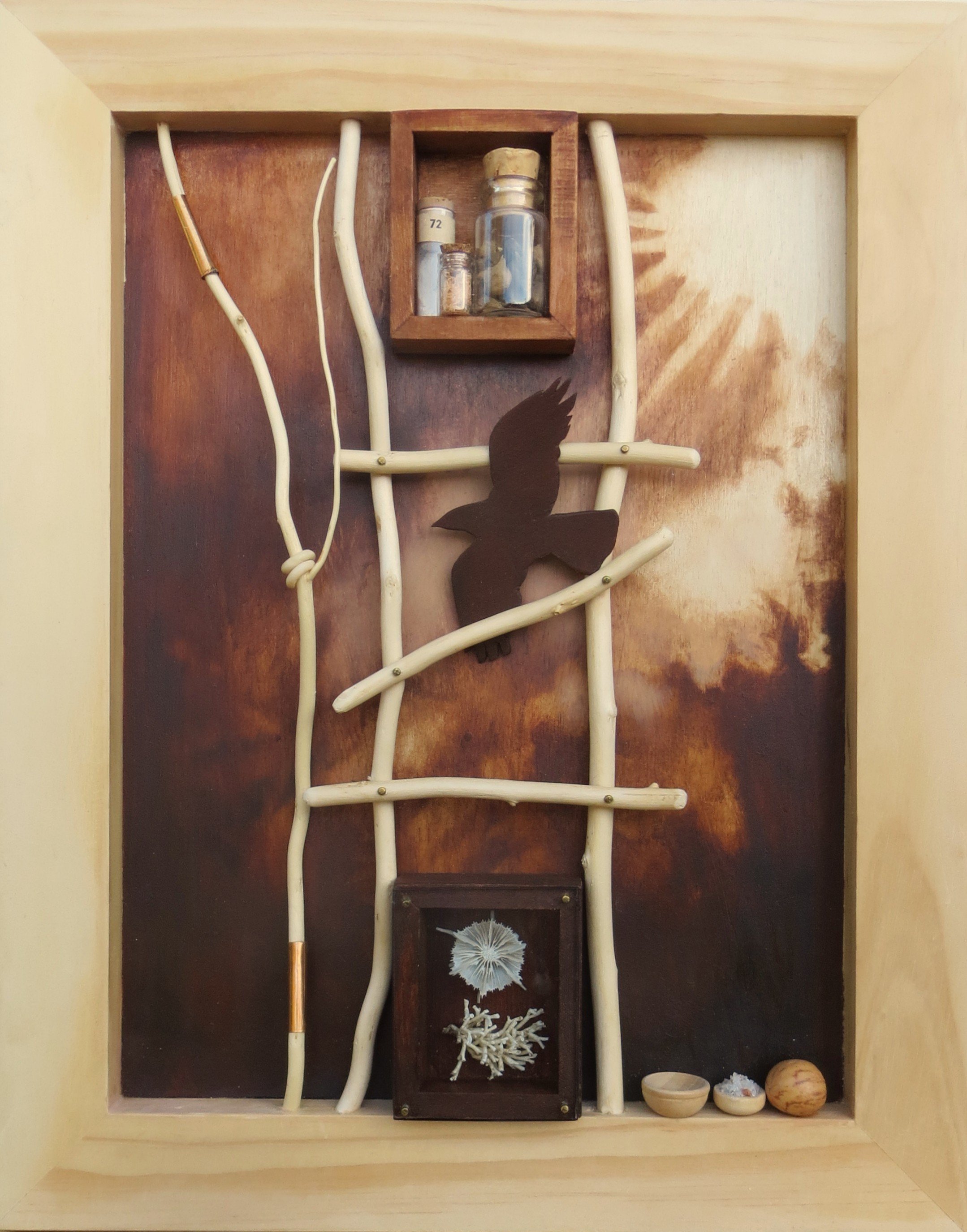 Ways of Rising Up #2, 2019 , Oil on panel, wood, glass, shell, bone, seeds