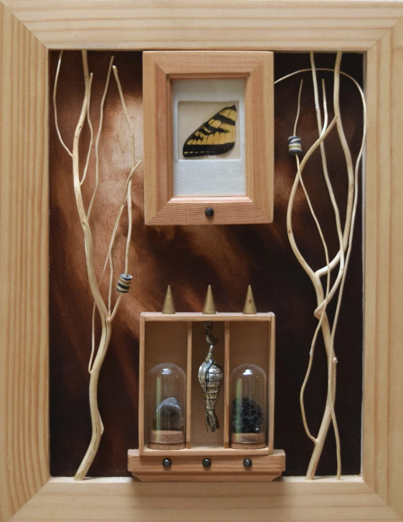 Ways of Rising Up #1, 2019,  Oil and acrylic on panel, glass, stone, seed, metal, beads, butterfly wing