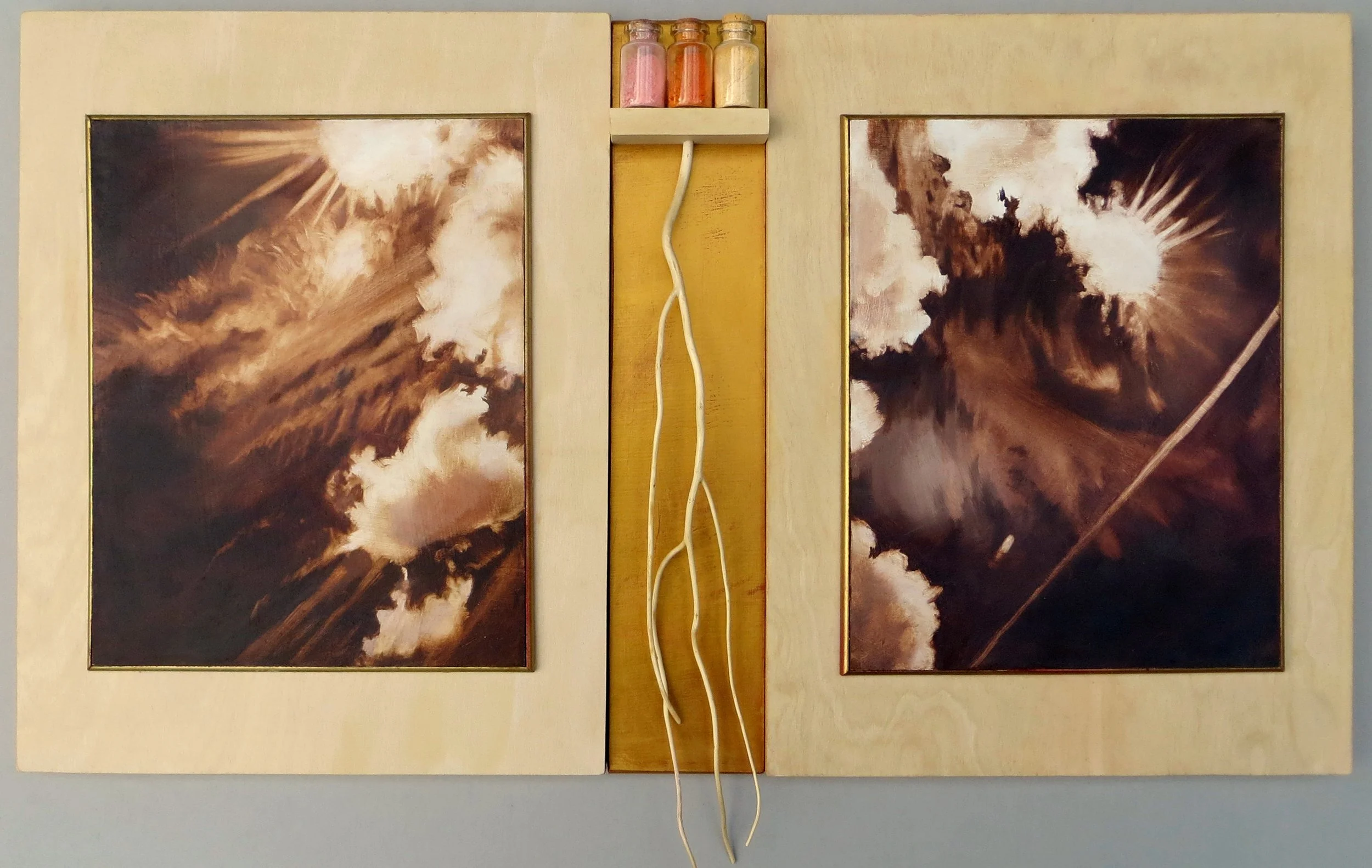 Ways of Rising Up #6,  2019,  oil on panel, wood, glass, powdered pigments