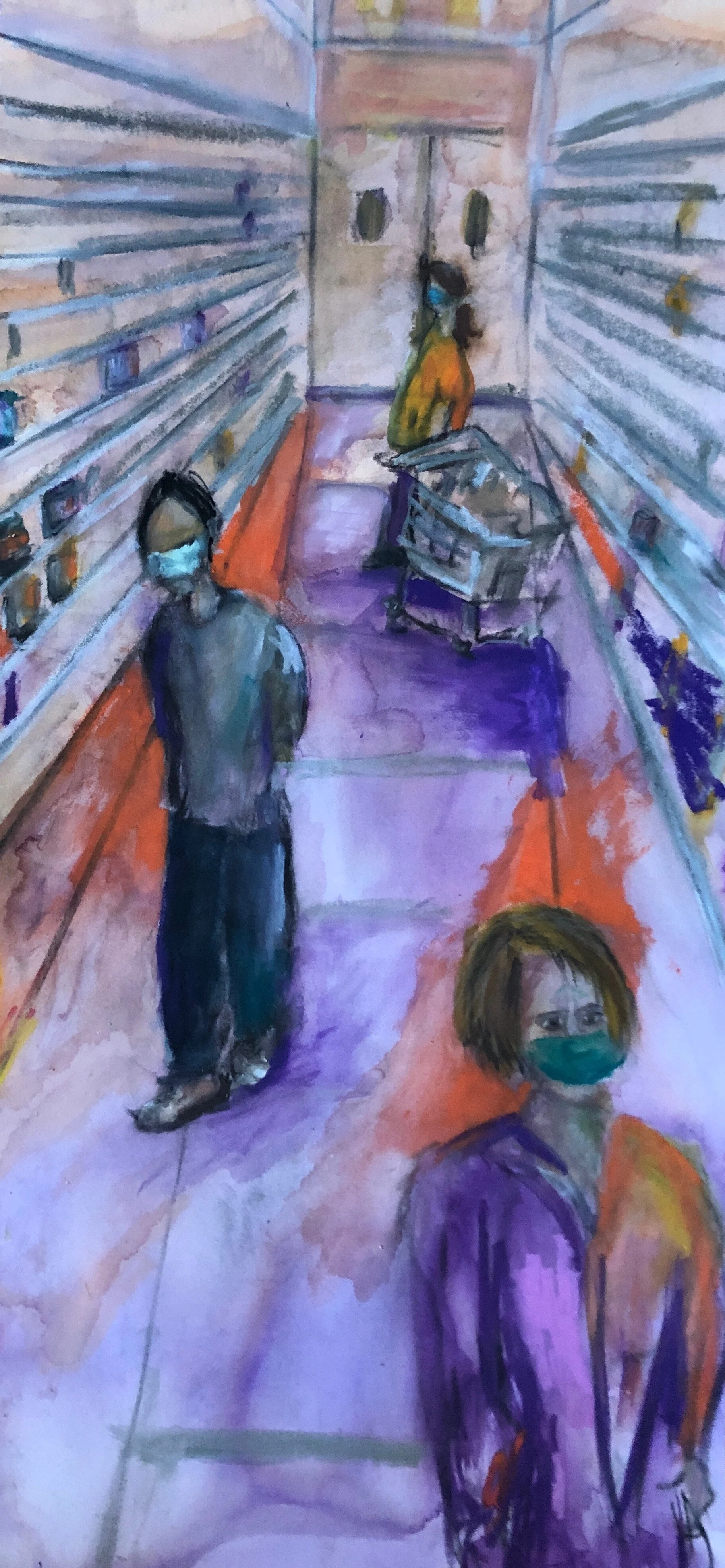 grocery store invisibility mask 
31"x14"
charcoal, acrylic, and ink on paper