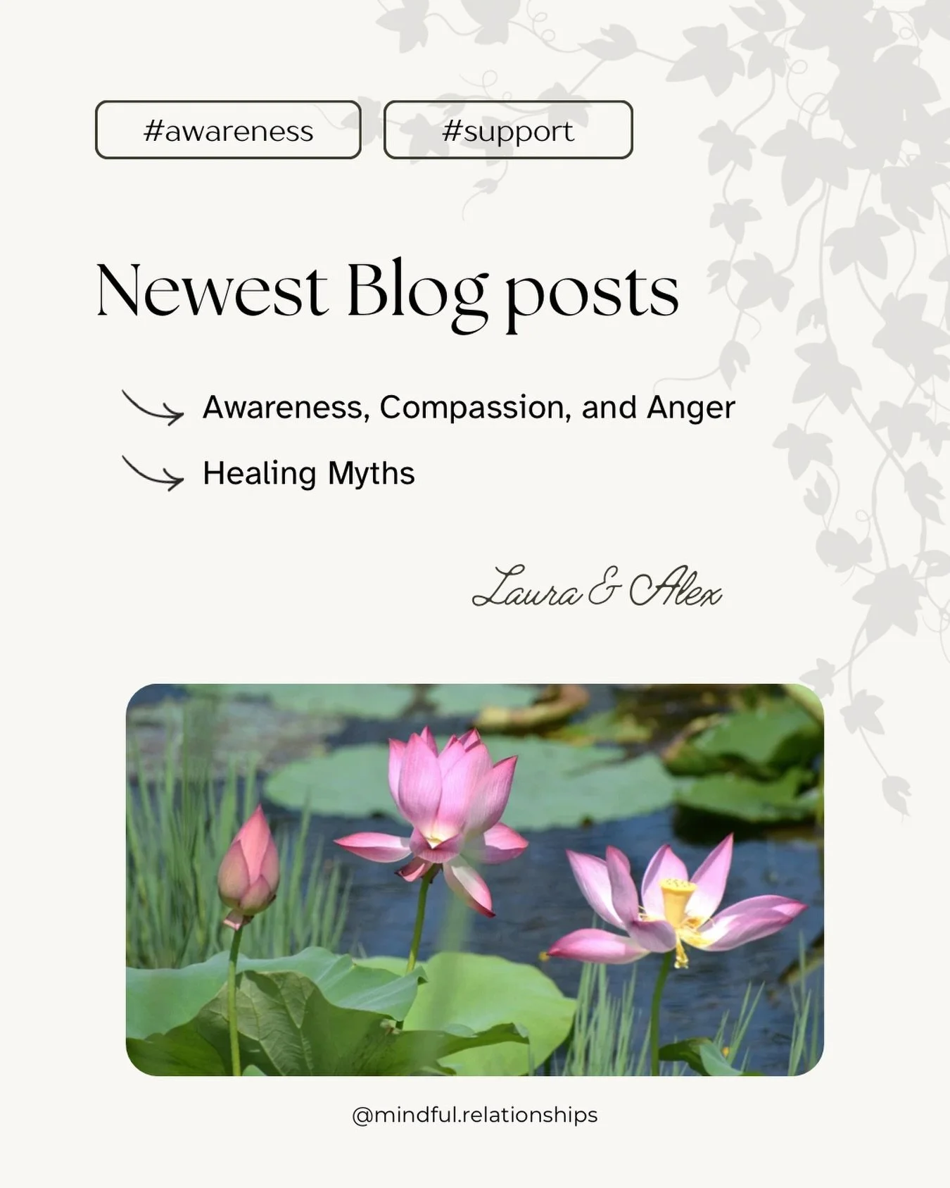 Two new blog reflections are now live:

&bull; Awareness, Compassion, and Mindfulness in Anger Management &mdash; written by Alex Adomaitis
&bull; Myth: &ldquo;Healing Will Make My Relationships Better&rdquo; &mdash; written by Laura Carr

These piec