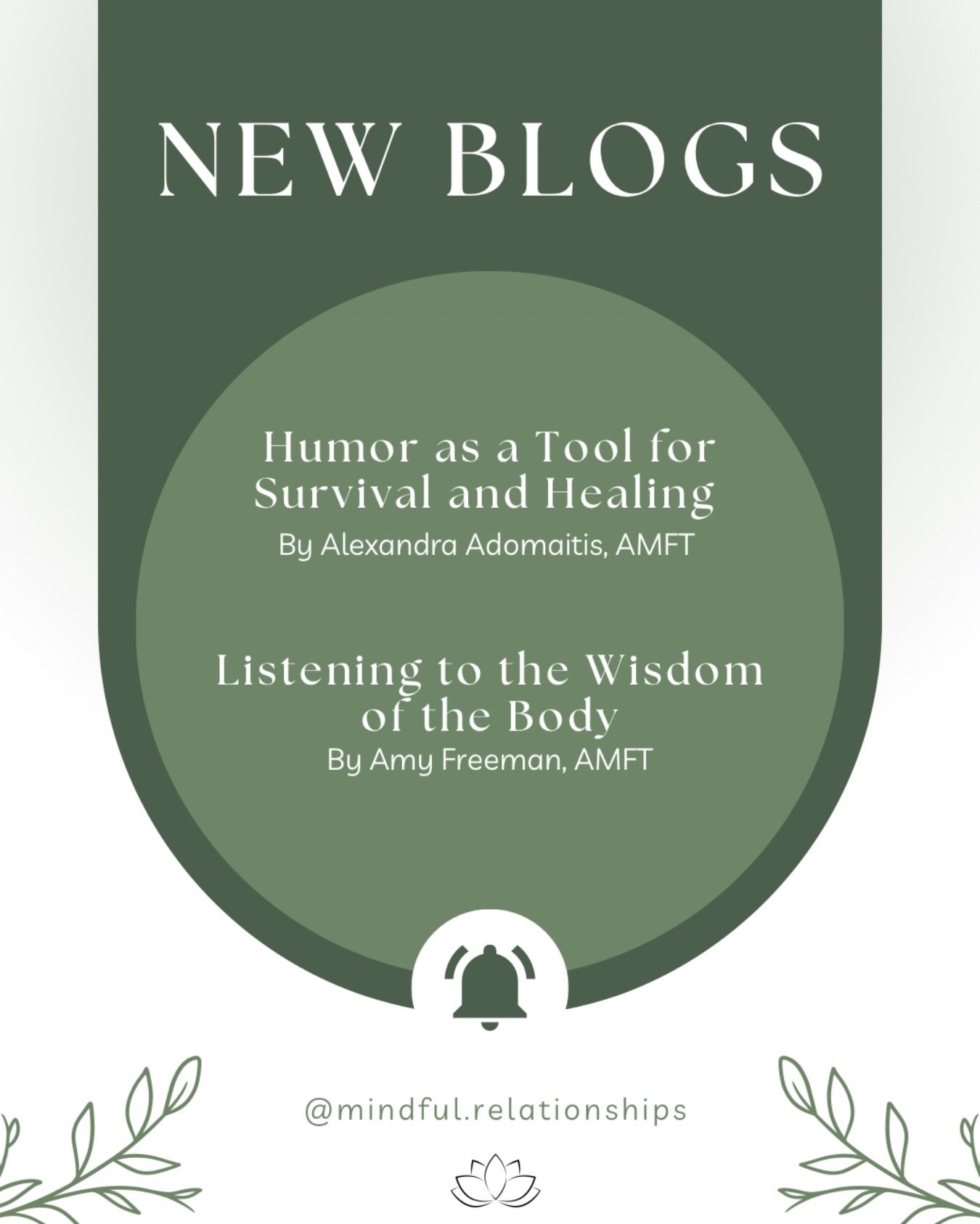 2 New Blogs! Check them out! 
Listening to the Wisdom of The body, by Amy Freeman, AMFT

Humor as a Tool for Survival and Healing, by Alex Adomaitis, AMFT 
@alex_mindfulrelationships

Enjoy! 
✨Link in bio ✨