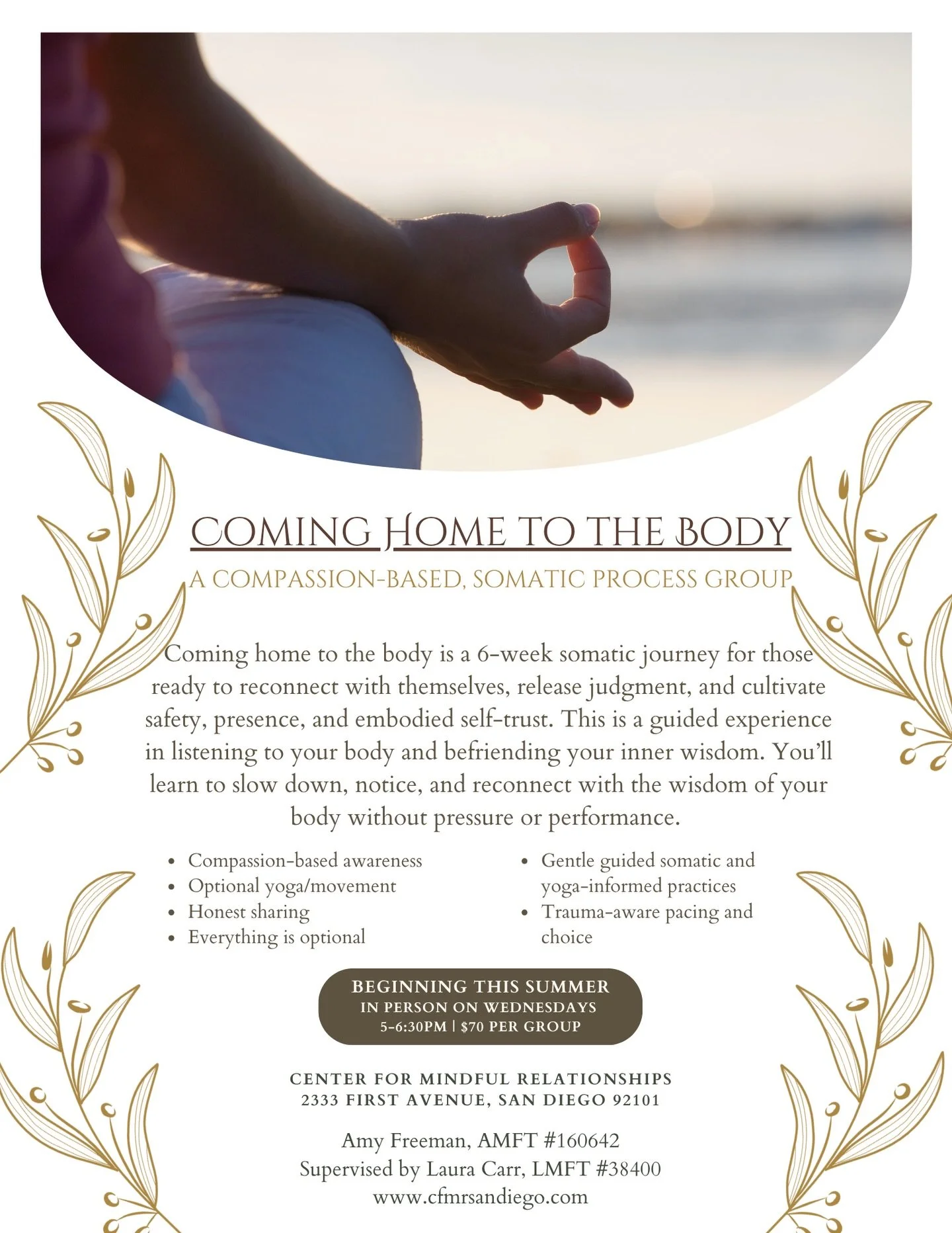 A new group is beginning this summer at CFMR, and there&rsquo;s still time to join.

Coming Home to the Body is a 6-week somatic process group for anyone ready to slow down, listen inward, and reconnect with themselves, without pressure or performanc