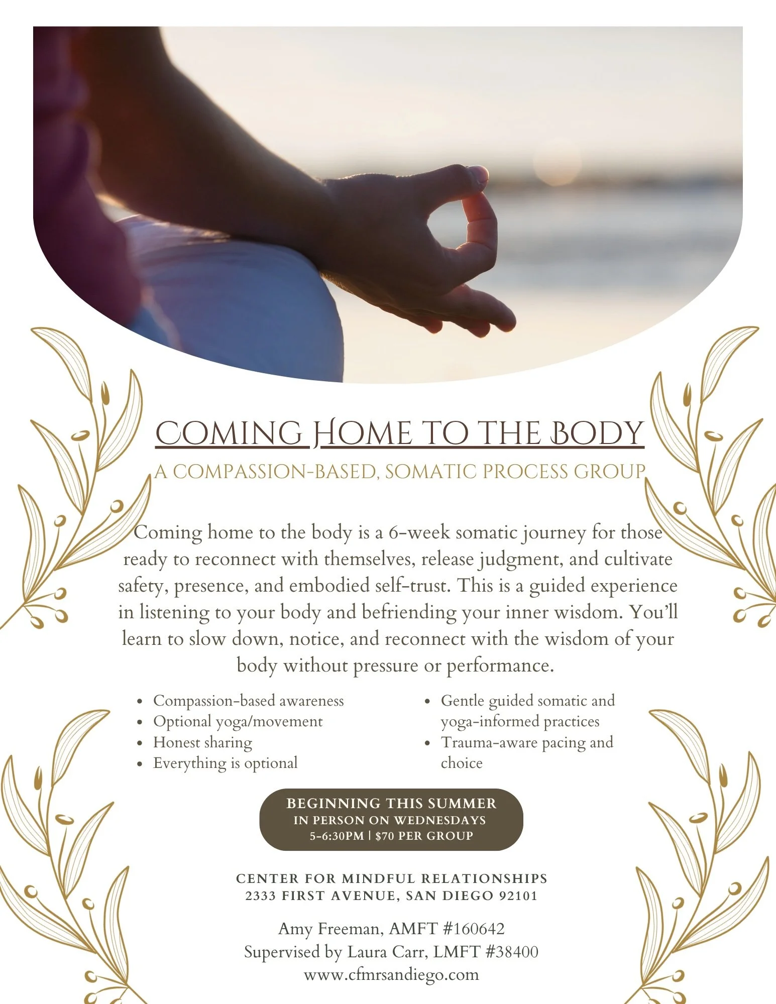 Coming Home to the Body somatic process group flyer, Center for Mindful Relationships, San Diego