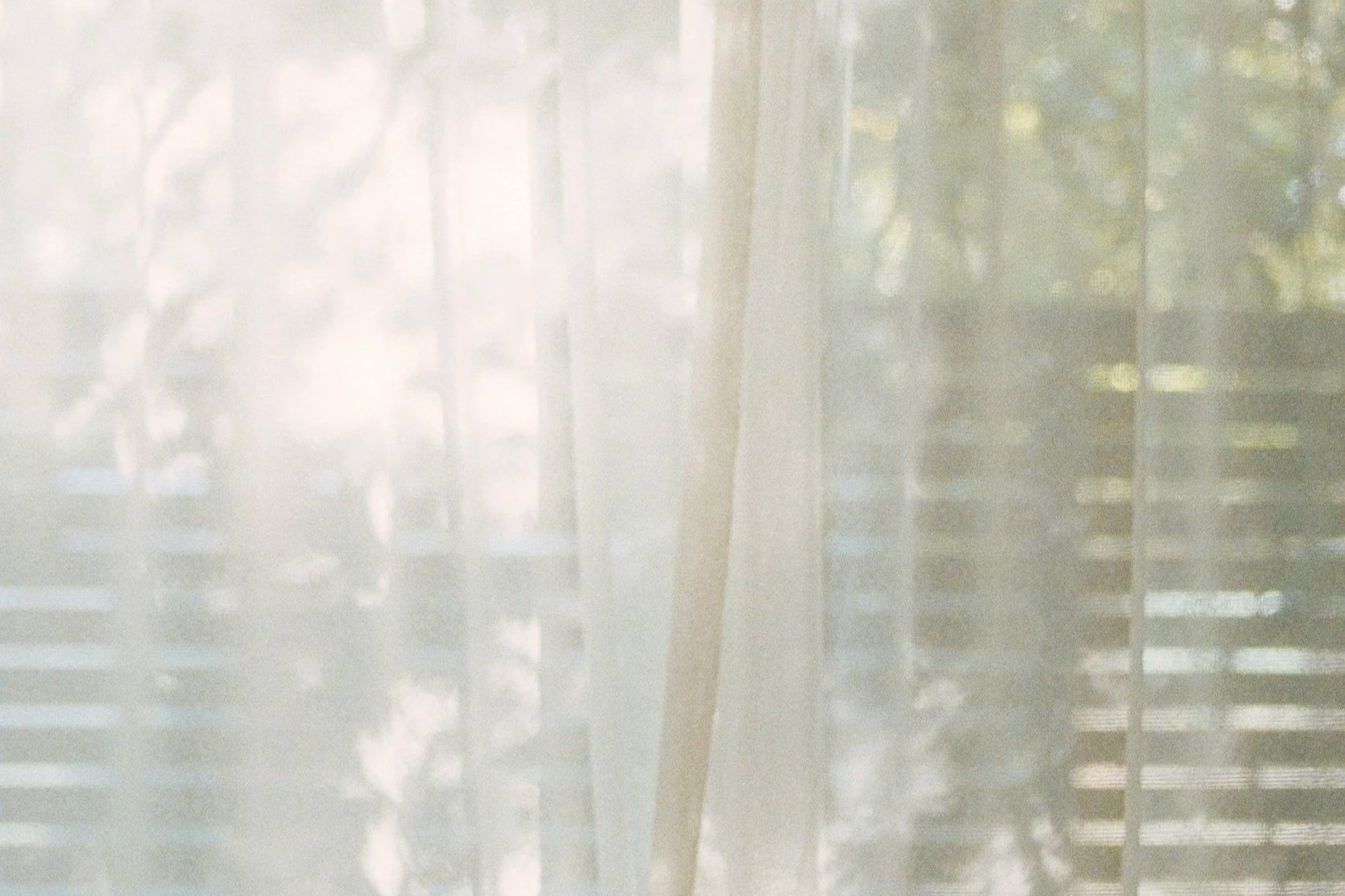 Soft daylight filtering through sheer curtains and window blinds, creating a calm, reflective atmosphere.