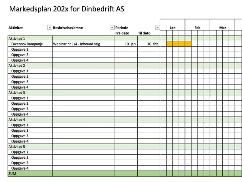 Markedsplan mal i Excel