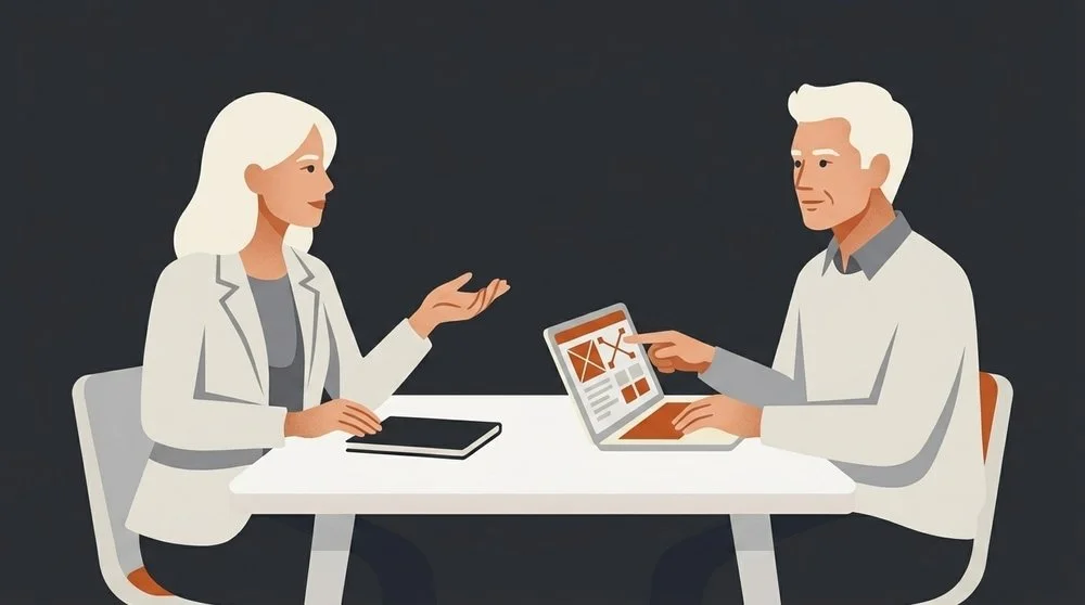 To personer diskuterer strategi rundt et bord