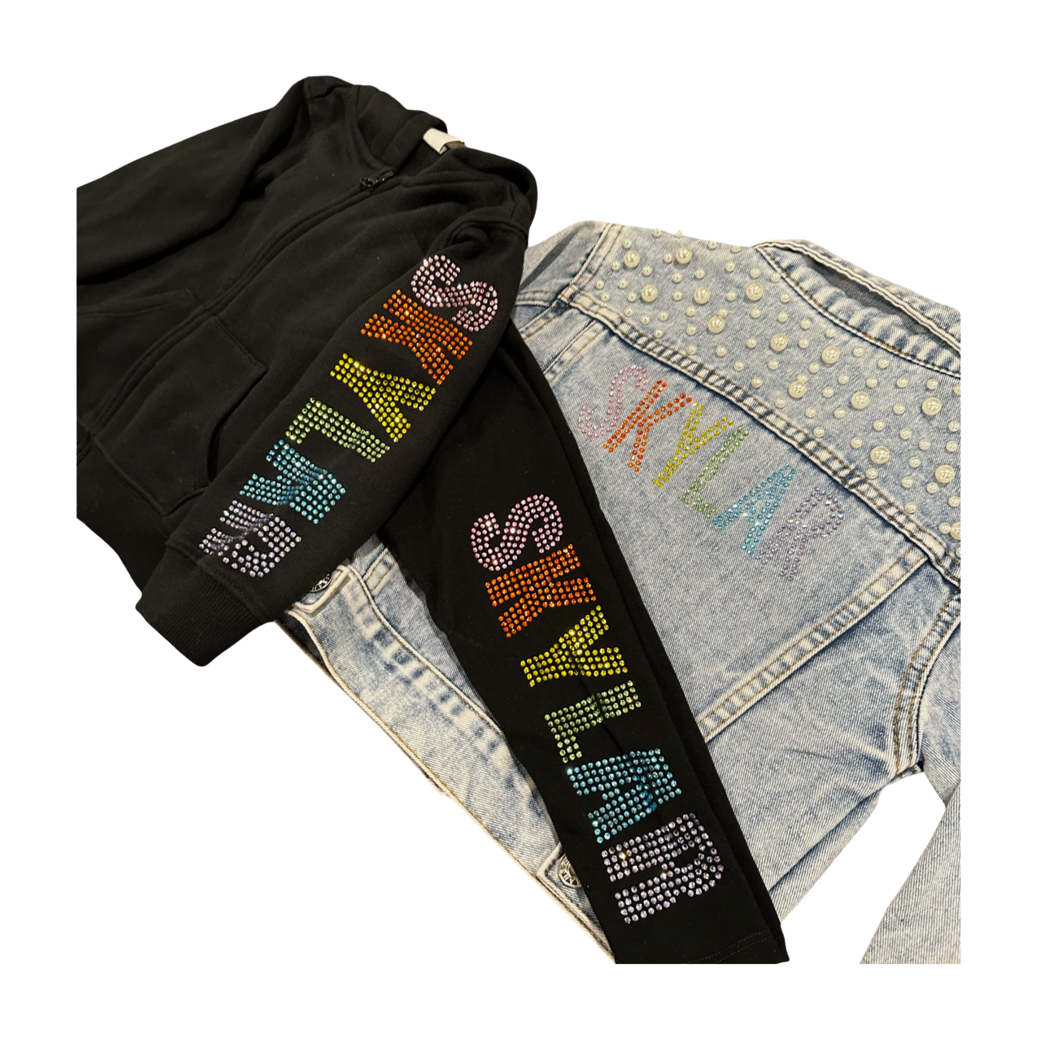 Rainbow Rhinestone Zipup, Leggings and Denim Jacket