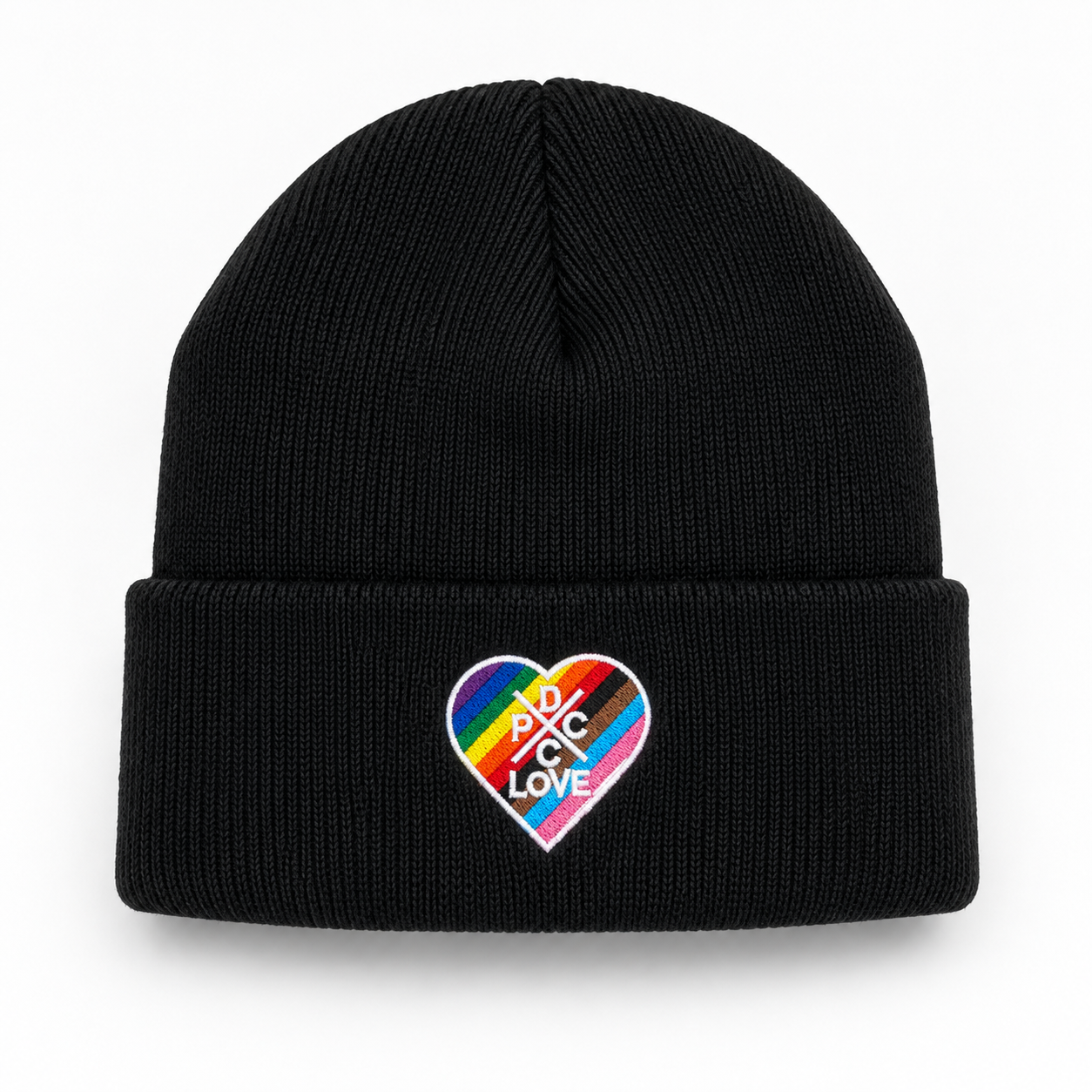DCxPC Live Punk Rock Love Beanie | Rainbow Heart Embroidered Black Knit Hat
