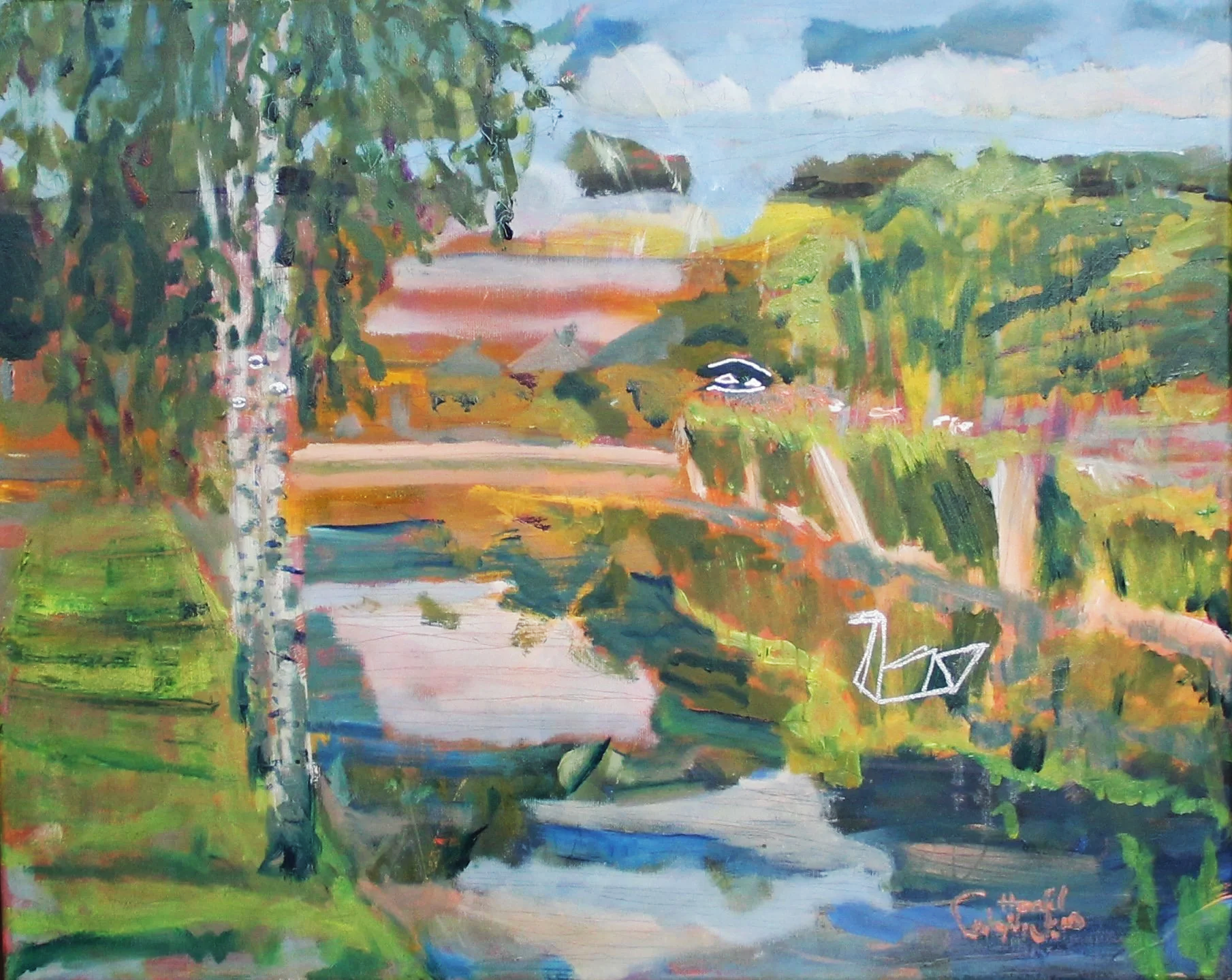 A vibrant depiction of a serene landscape with a calm river and lush greenery.