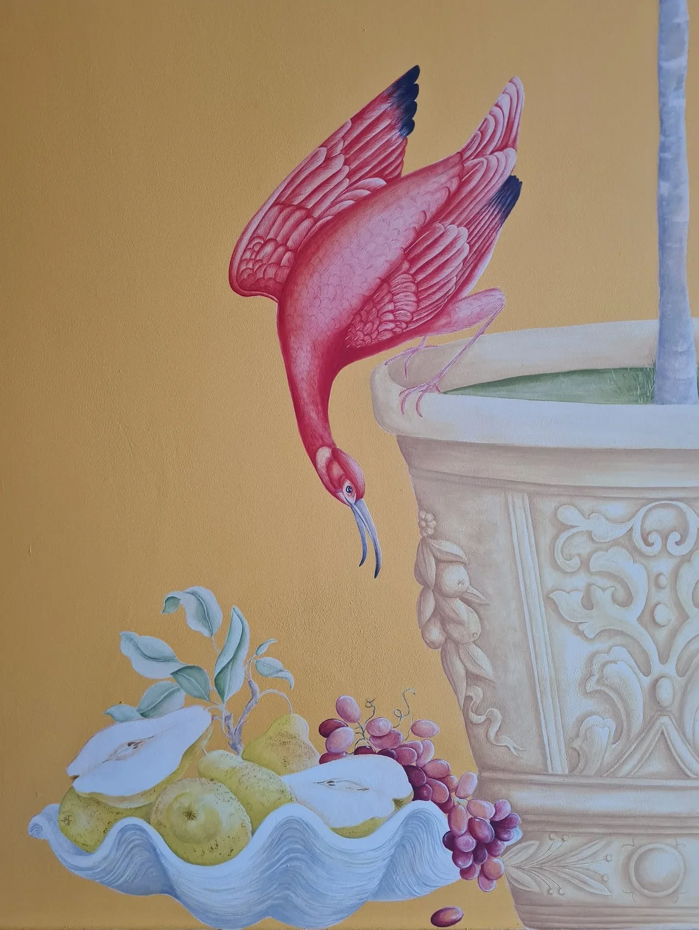 How lucky he is to find an unattended display of his favourite treats. The odd grape, red currant or raspberry help to maintain such vibrant plumage.

Hall mural