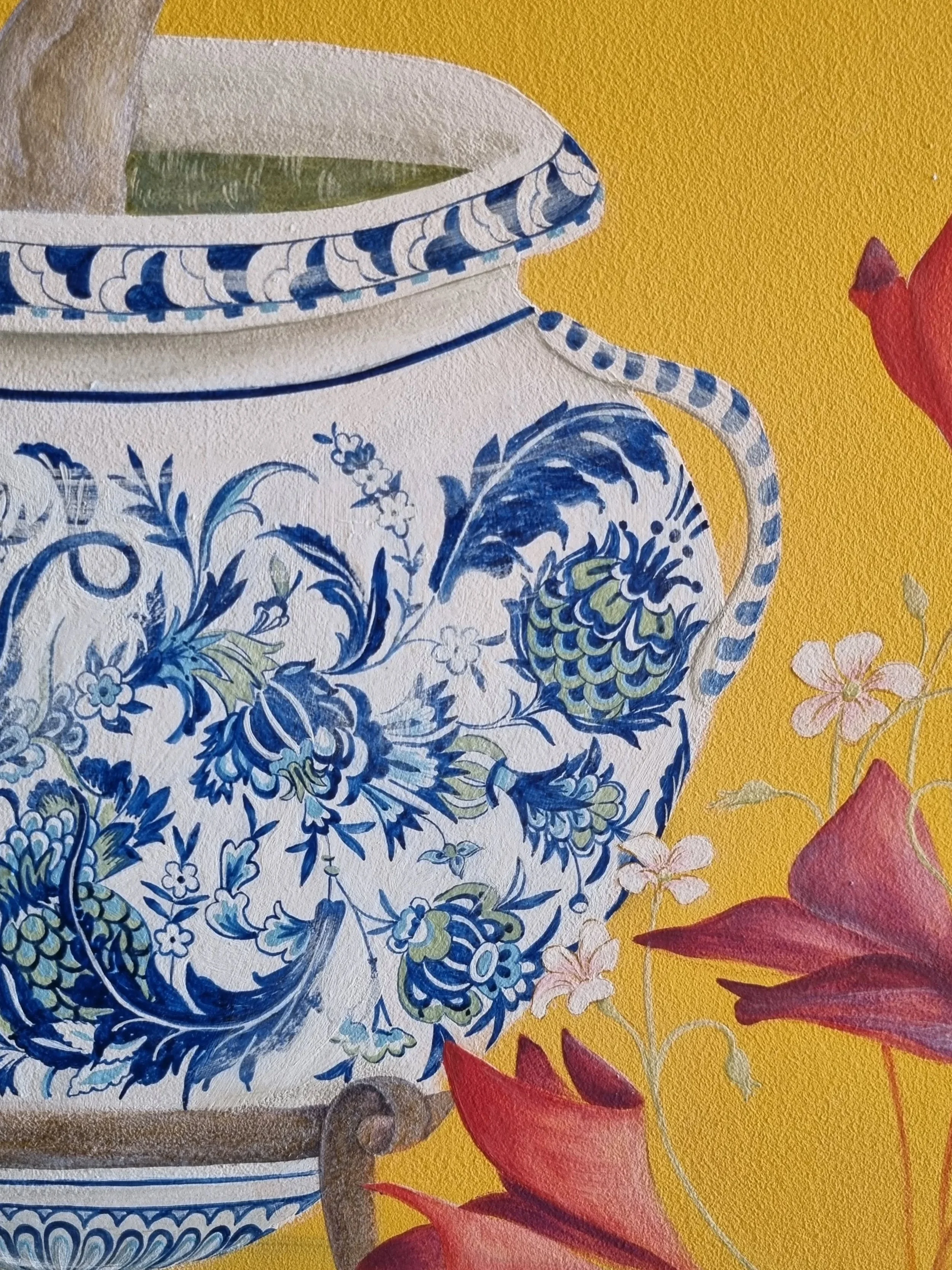 An Iznik inspired pot for the peacock. A Lord Leighton moment in the hallway.

I researched the wares of the Ottoman empire whilst studying ceramics and found it absolutely fascinating. Extending my under glazing ambitions onto the wall.