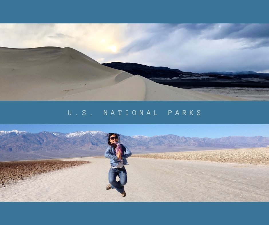 U.S. National Parks collage featuring sand dunes and Badwater Basin