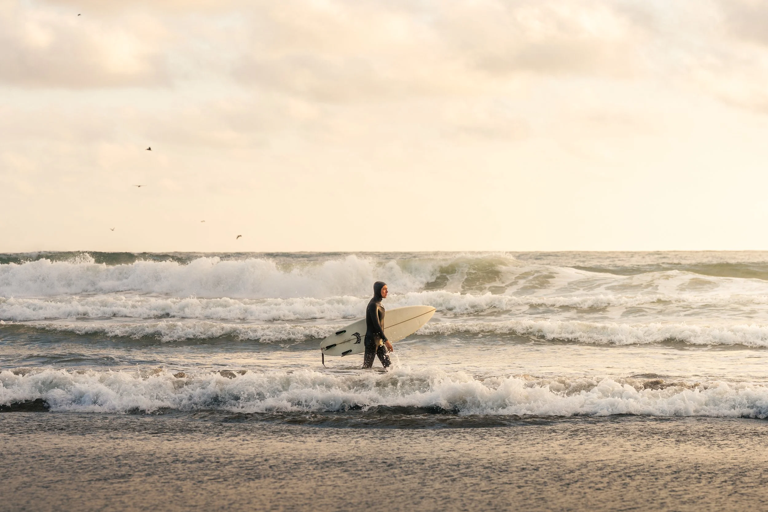 A person in a wetsuit holding a surfboard and walking in the ocean water near the shore, with waves and cloudy sky in the background.
