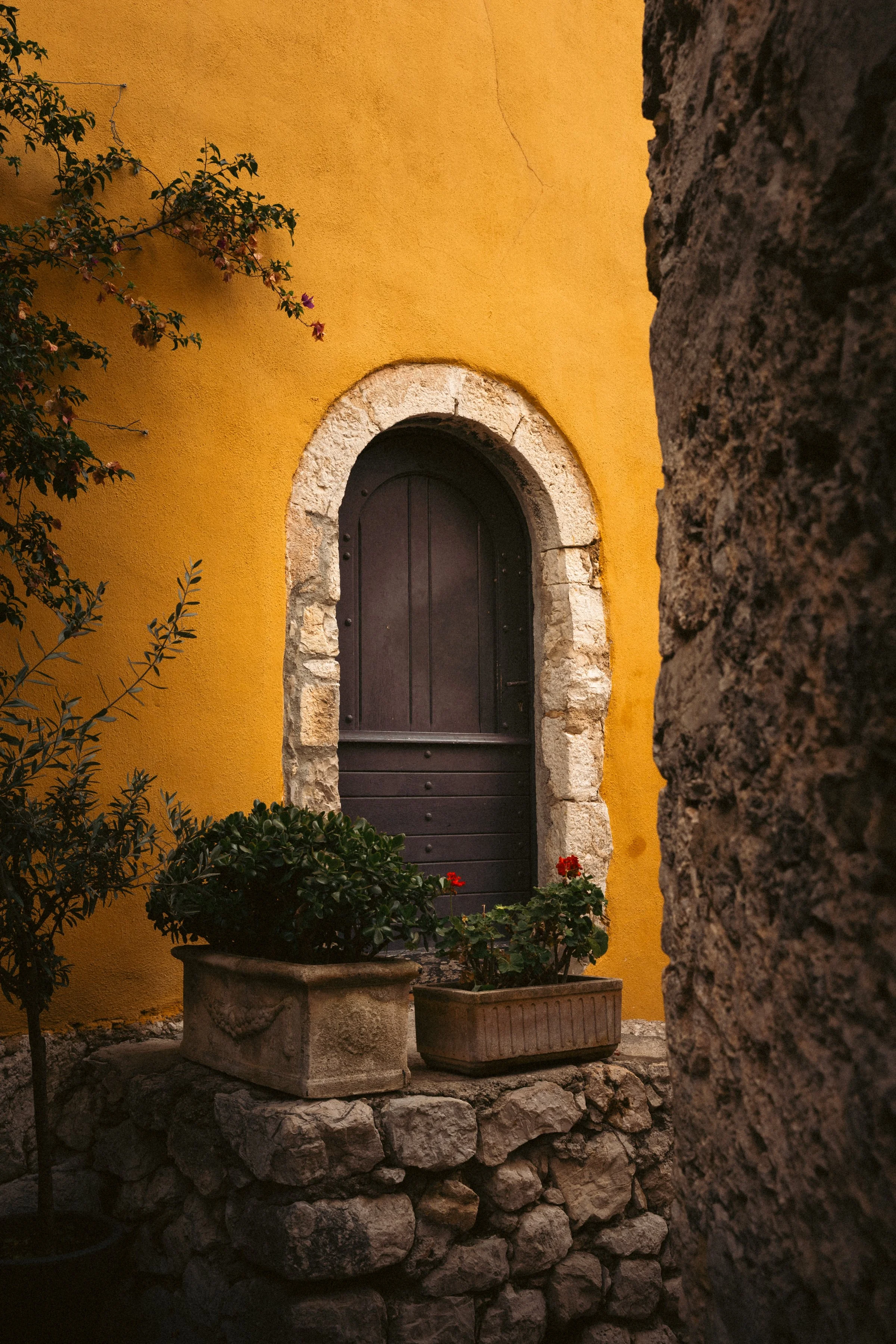 A yellow building with an arched wooden door set in a stone frame. There are potted plants with red flowers in front of the door, and a stone wall partially blocking the view on the right side. A bush with flowers is on the left.