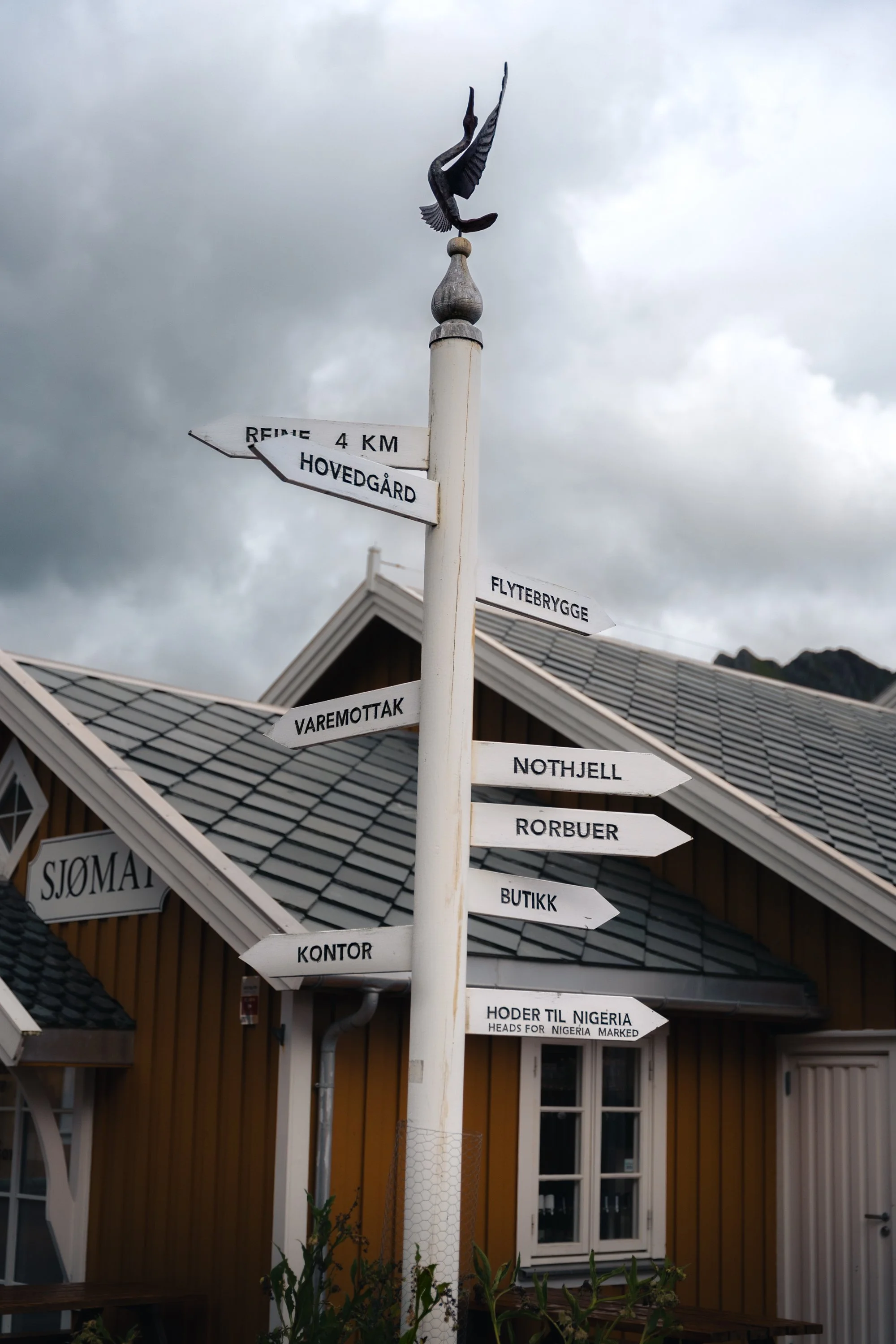 A white signpost with multiple directional signs in Norwegian and English, pointing towards various locations such as Hovedgård, Flytebrygge, Varemottak, Nothjell, Rorbuer, Butikk, Kontor, and Hoder til Nigeria. The top of the signpost features a bir