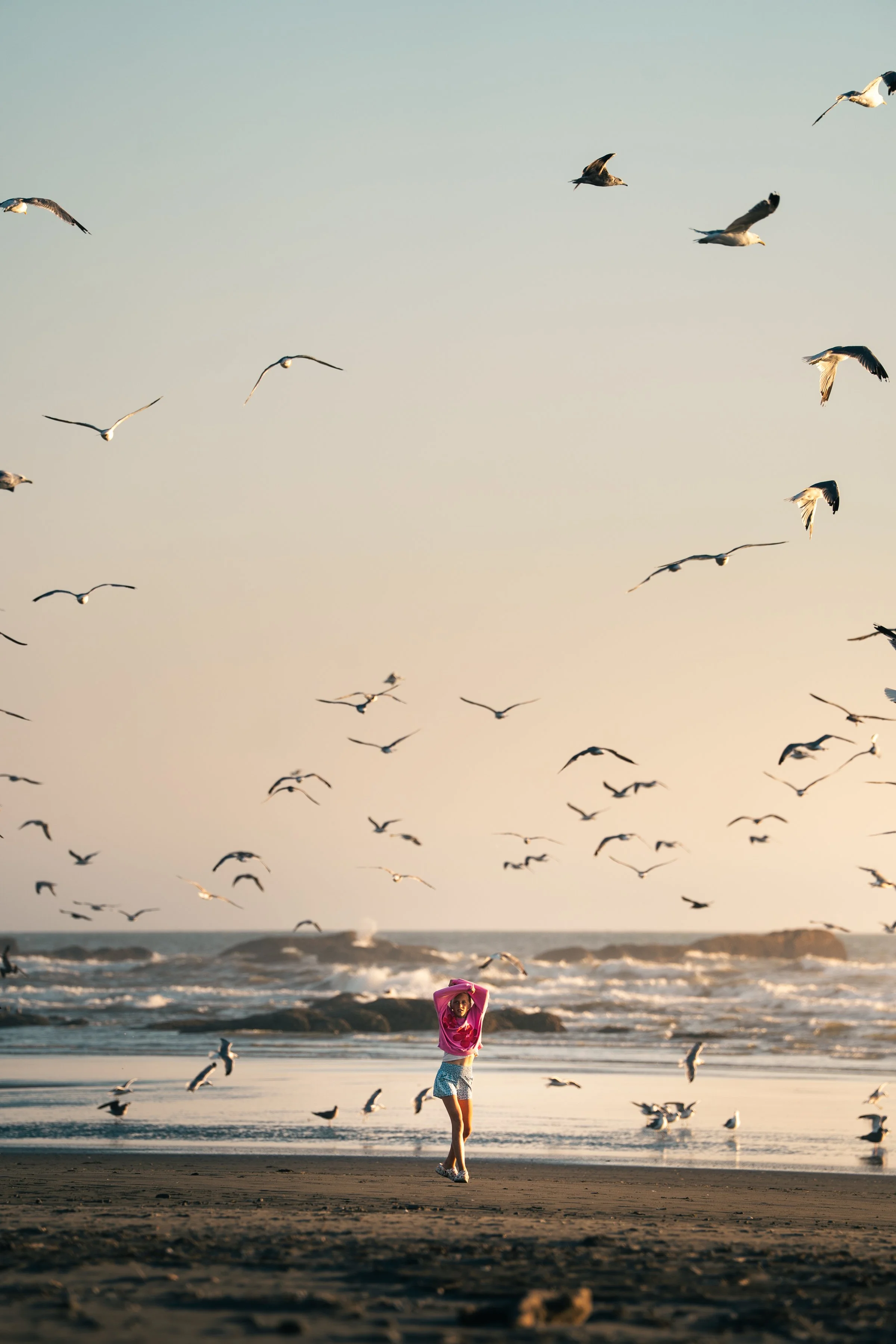 A young girl in pink and shorts standing on a beach with seagulls flying in the sky above her, ocean waves in the background, during sunset.