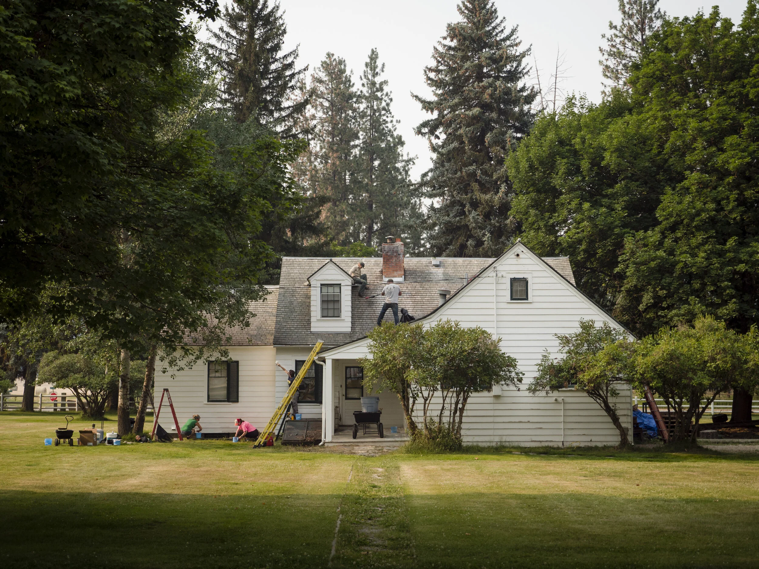 A house with workers repairing the roof, surrounded by tall trees and a grassy yard.