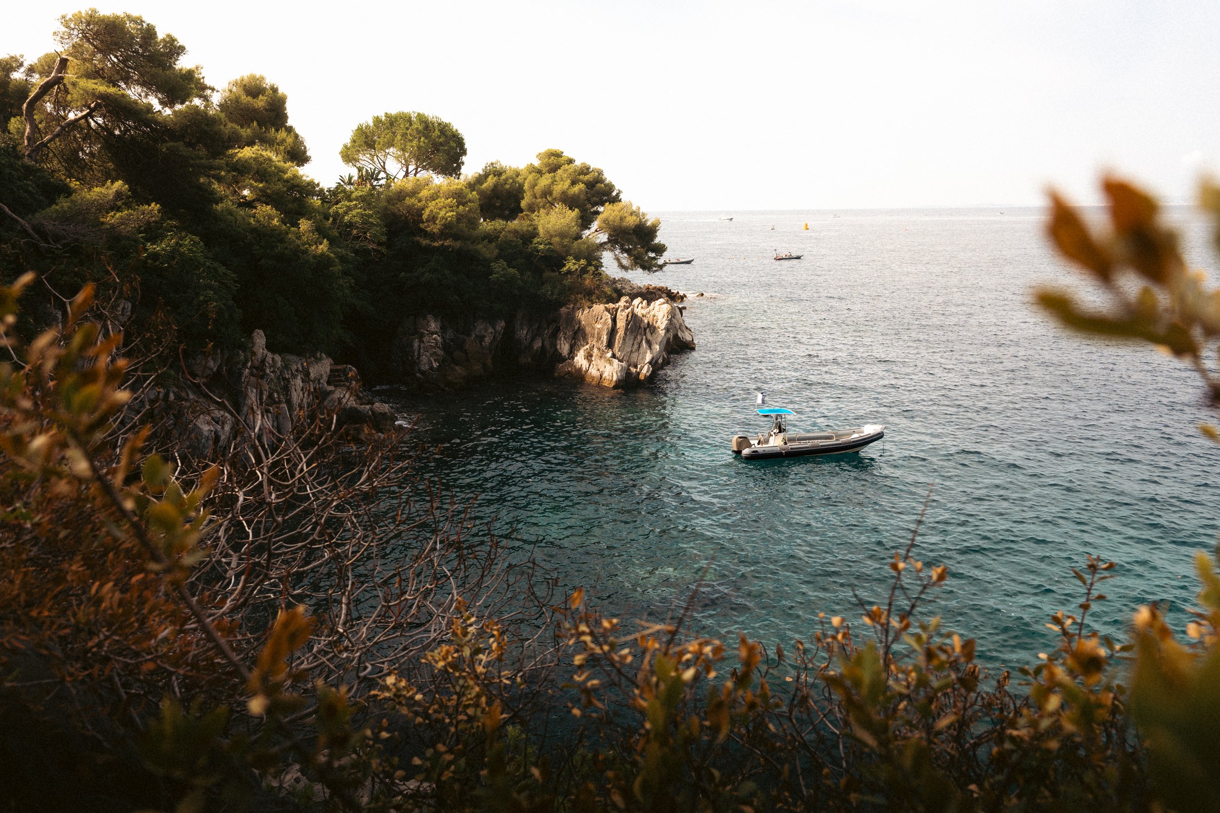 A view of a rocky coastline with green trees and bushes in the foreground, and the ocean with boats and buoys in the distance under a clear sky.
