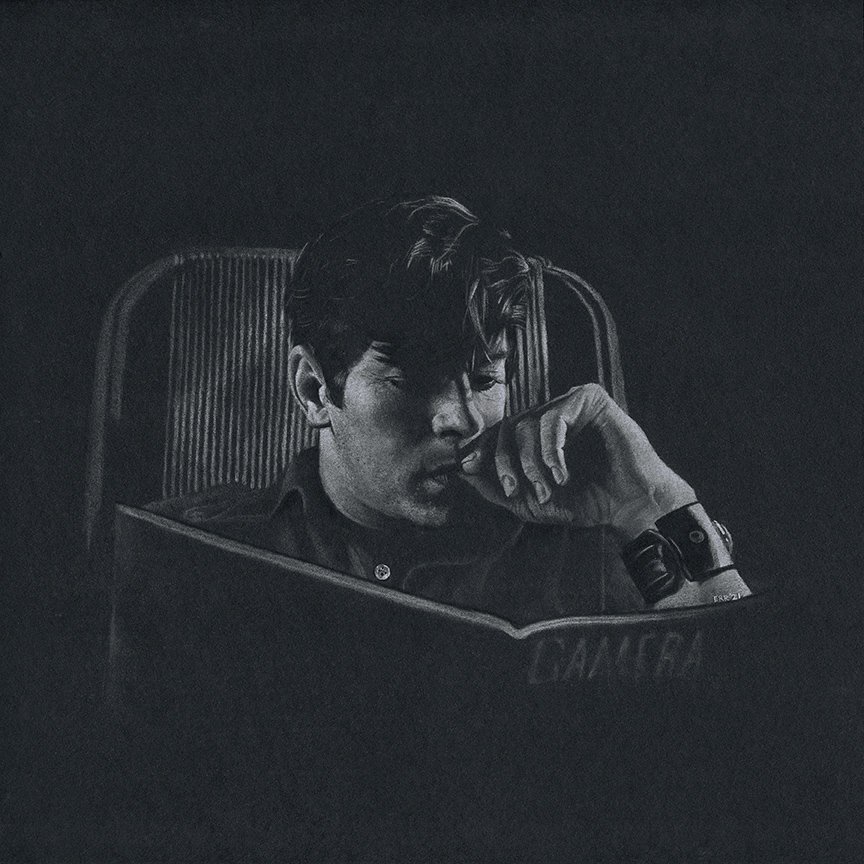 "Schmeet 1971" 2021
12x12 white charcoal on black paper