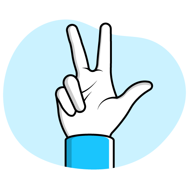 Illustration of a hand making a peace sign with two fingers raised, wearing a blue sleeve, against a light blue circular background.
