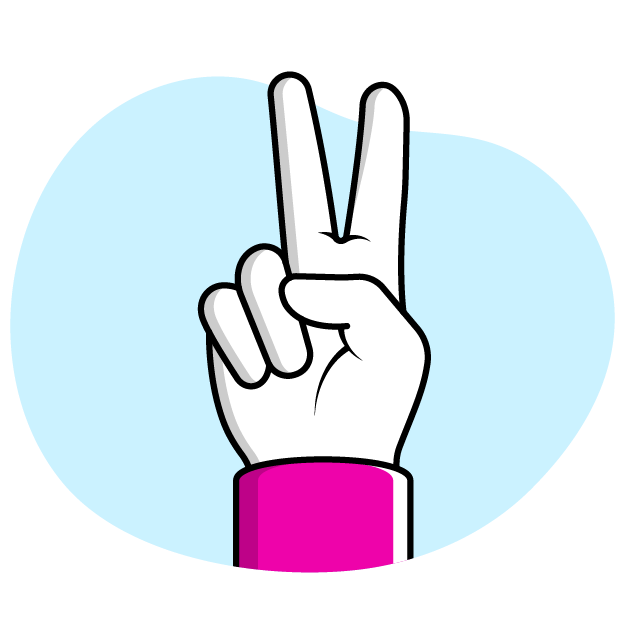 A hand making a peace sign with the index and middle fingers extended, on a blue circular background.