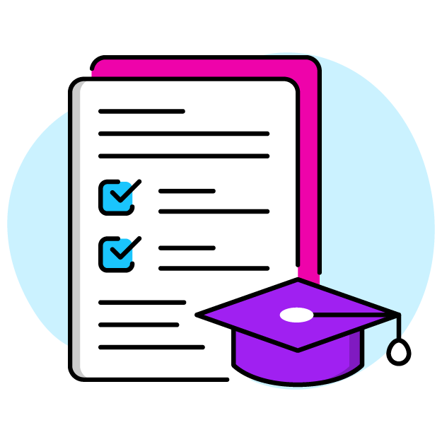 Checklist with two checked boxes and a graduation cap, symbolizing graduation or academic achievement.