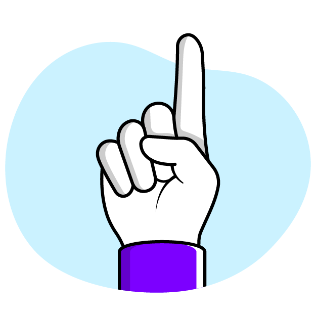 An illustrated hand with a purple sleeve pointing upward with index finger extended, against a light blue background.