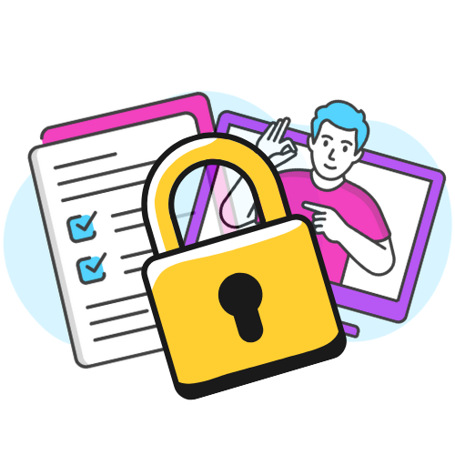 A cartoon illustration of a person pointing at a computer screen surrounded by documents and a large yellow padlock symbol, representing cybersecurity or data protection.